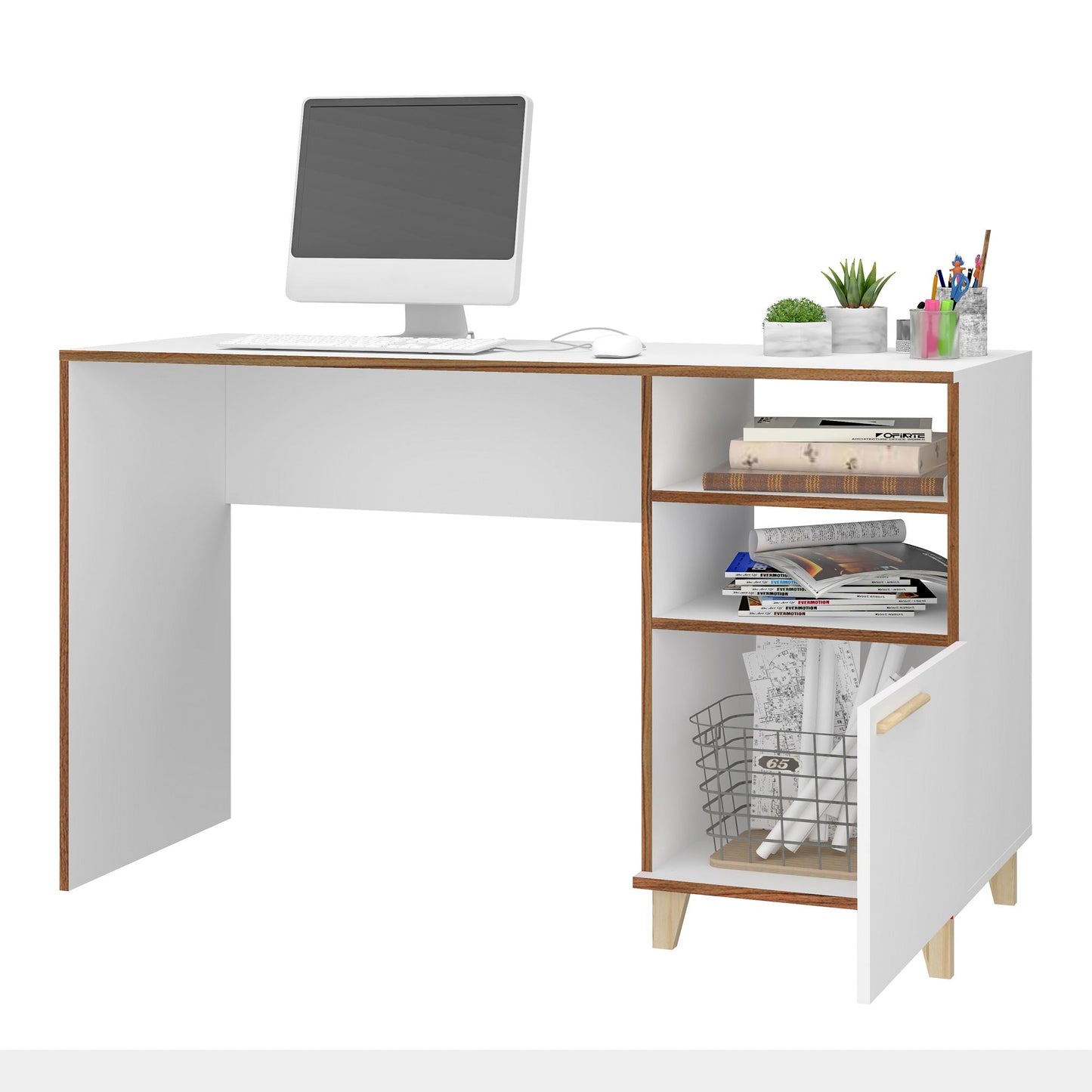 Manhattan Comfort Minetta 2-Shelf Mid-Century Office Desk in White 136AMC160
