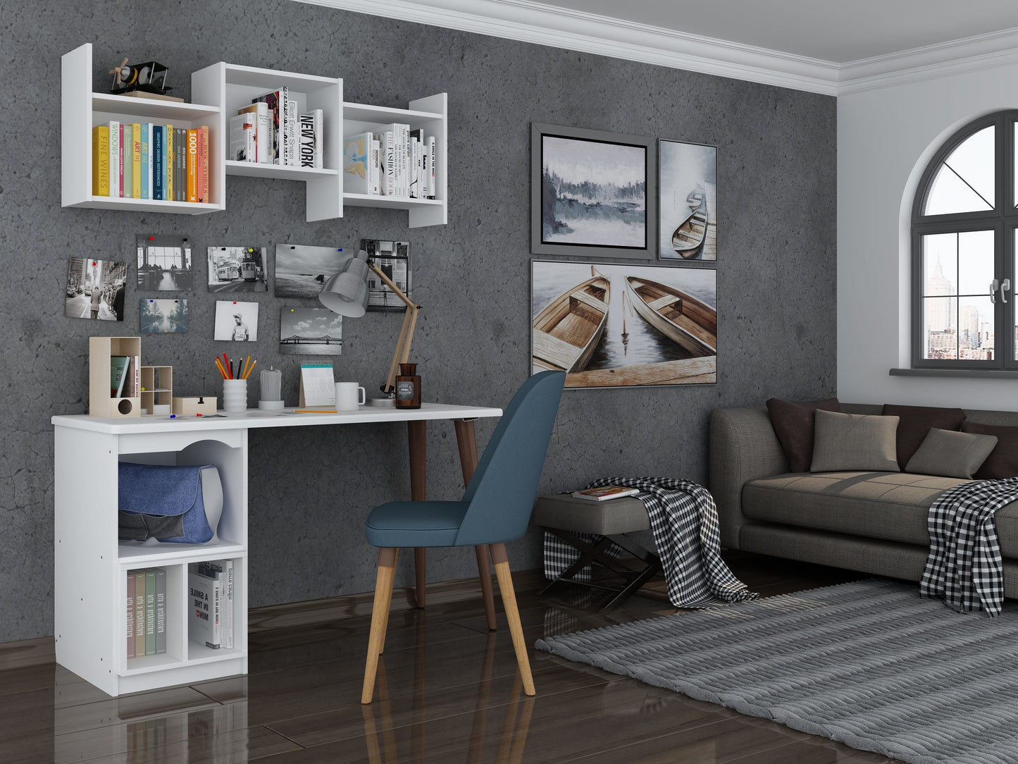 Manhattan Comfort Hampton 53.54 Home Office Desk with 3 Cubby Spaces and Solid Wood Legs in White 15PMC1