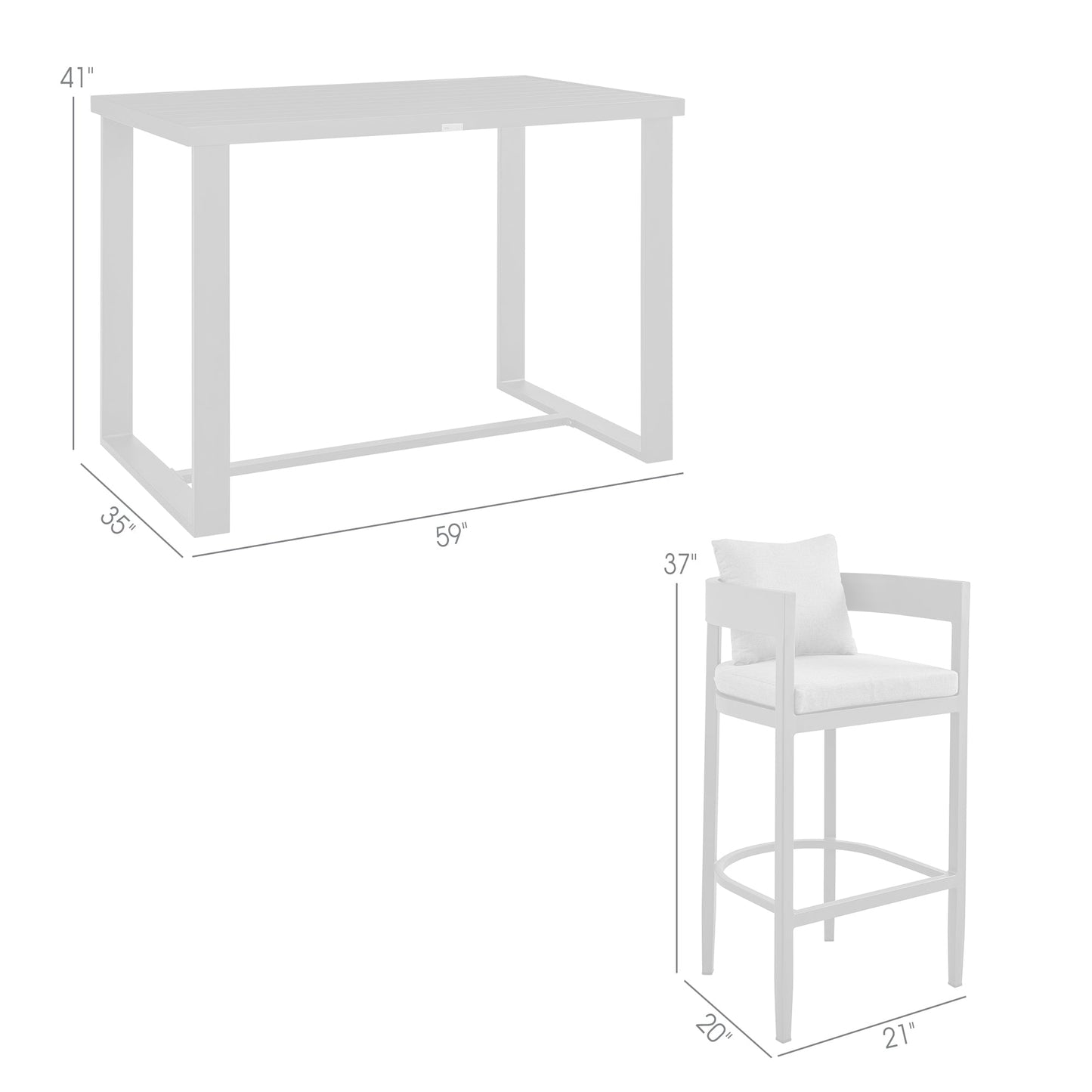 Argiope Outdoor Patio 5-Piece Bar Table Set in Aluminum with Gray Cushions