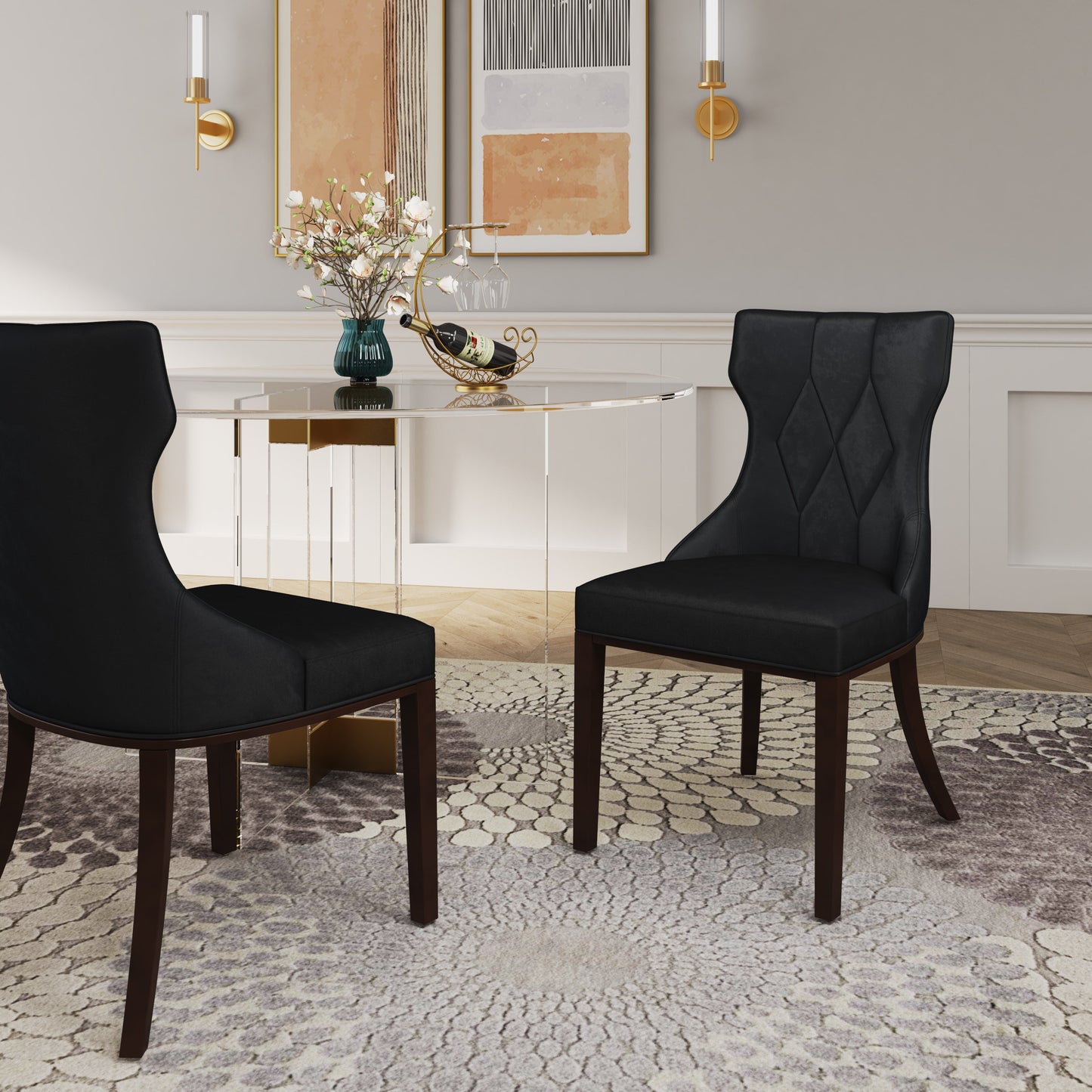 Manhattan Comfort Reine Black and Walnut Velvet Dining Chair (Set of Two) DC007-BK