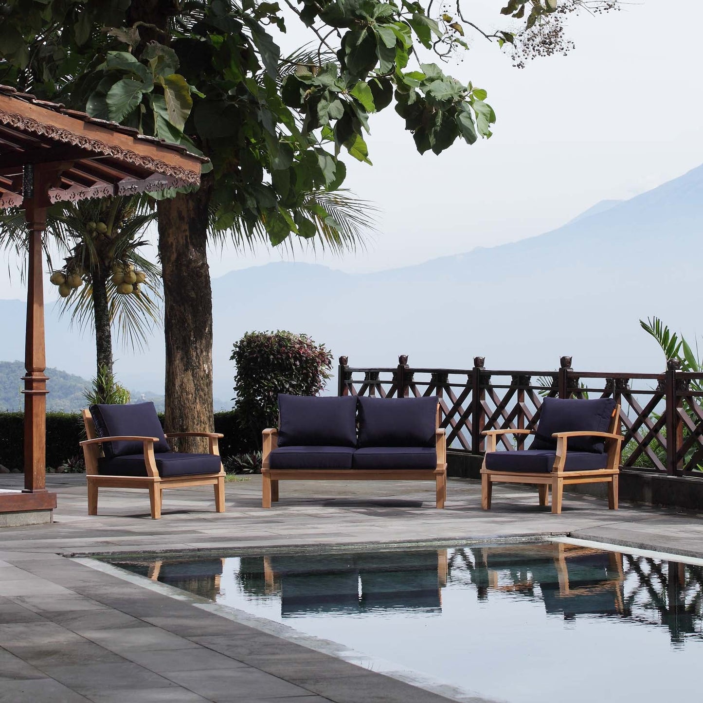 Marina 3 Piece Outdoor Patio Teak Set by Modway EEI-1470-NAT-NAV-SET