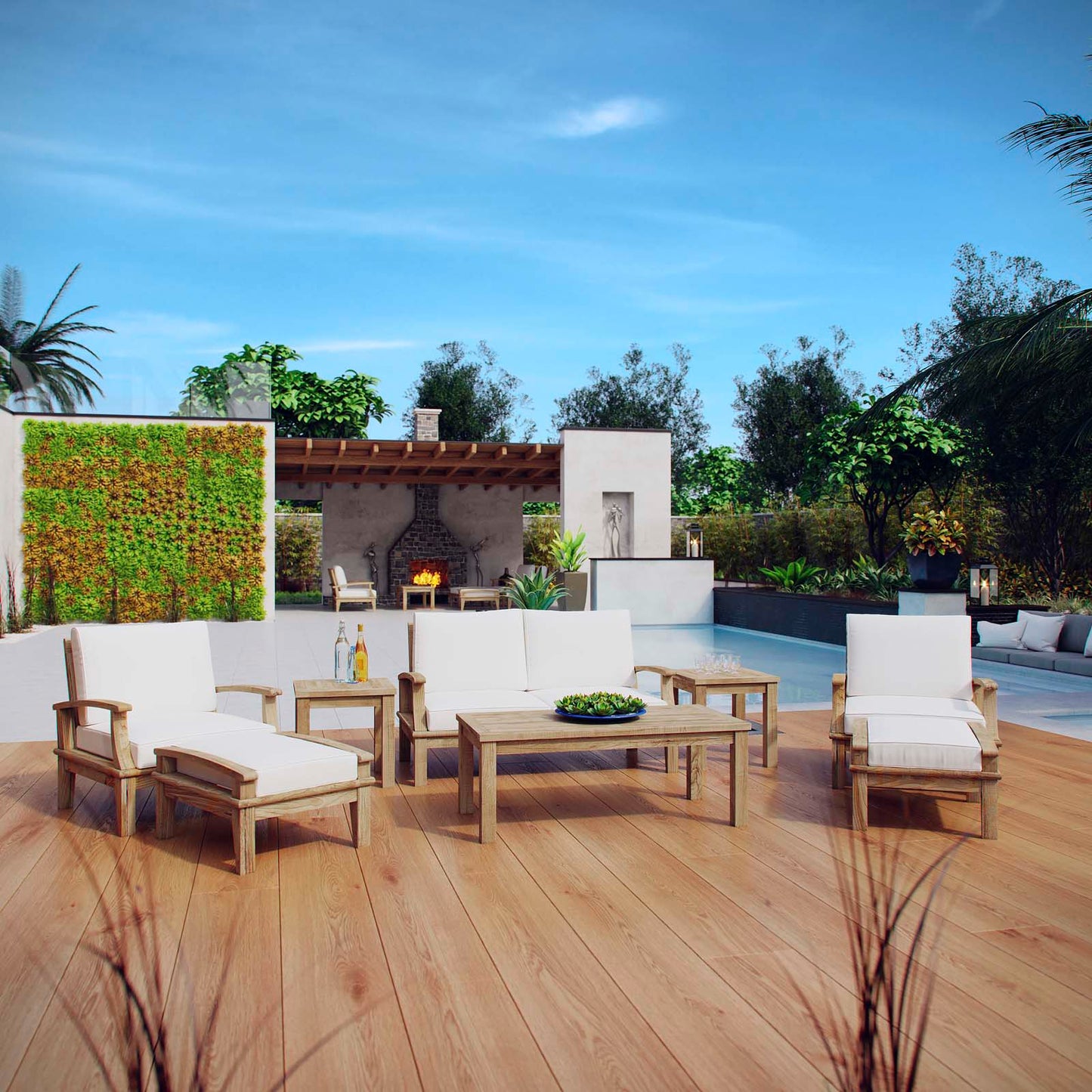 Marina 8 Piece Outdoor Patio Teak Set by Modway EEI-1471-NAT-WHI-SET