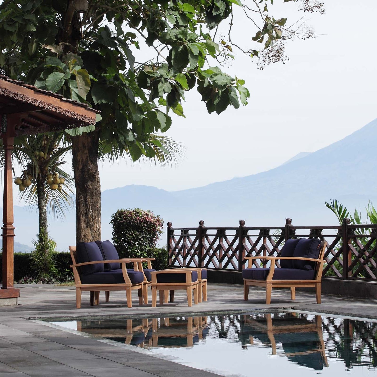 Marina 5 Piece Outdoor Patio Teak Set by Modway EEI-1472-NAT-NAV-SET