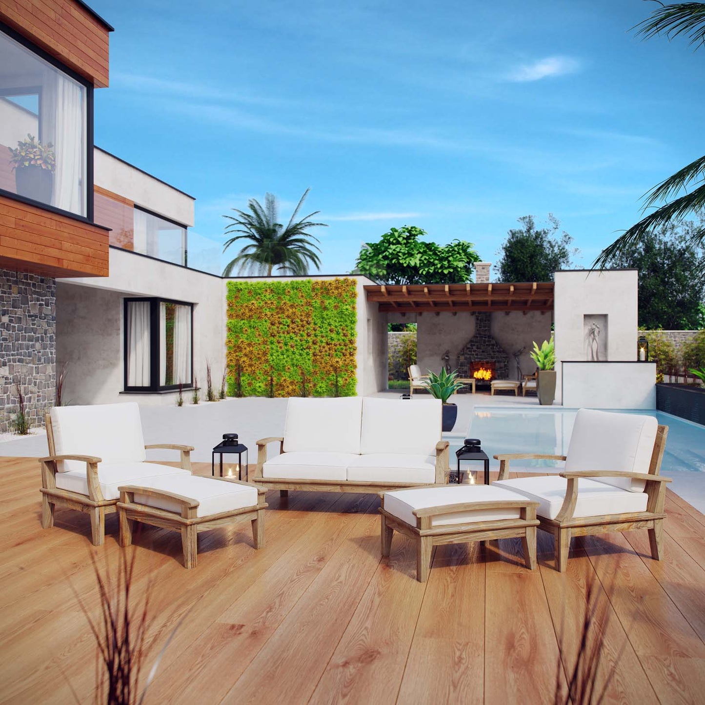 Marina 5 Piece Outdoor Patio Teak Set by Modway EEI-1472-NAT-WHI-SET