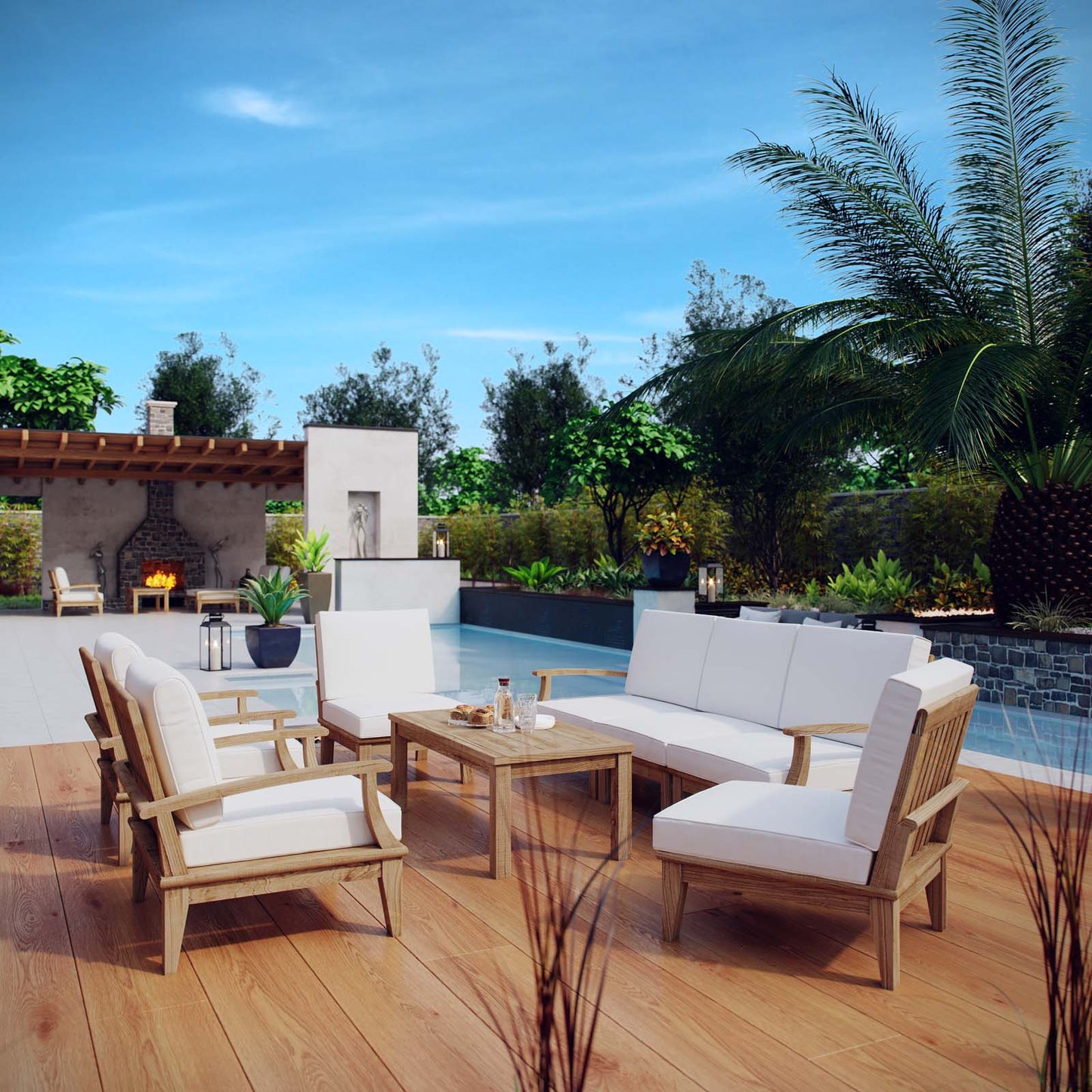 Marina 8 Piece Outdoor Patio Teak Set by Modway EEI-1479-NAT-WHI-SET