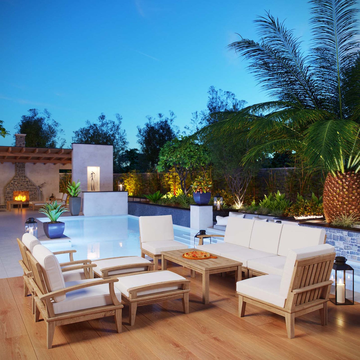 Marina 10 Piece Outdoor Patio Teak Set by Modway EEI-1480-NAT-WHI-SET