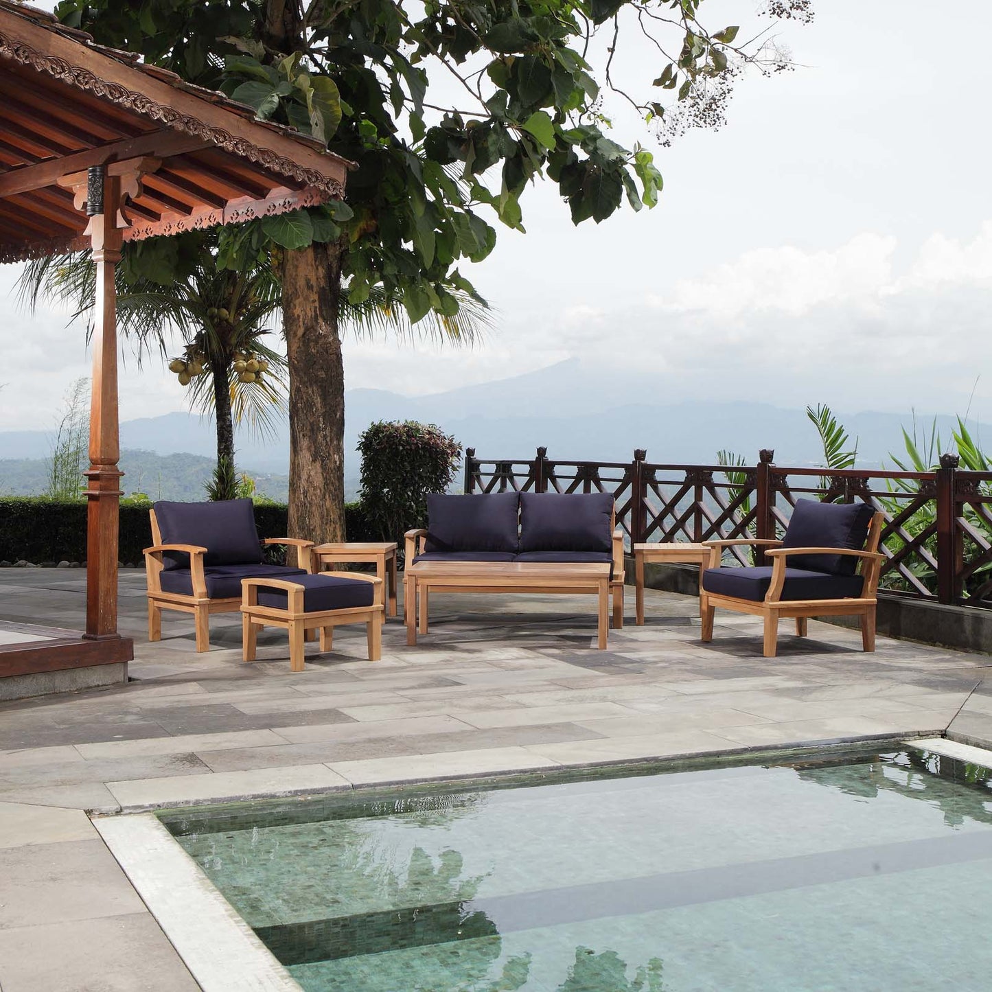 Marina 7 Piece Outdoor Patio Teak Set by Modway EEI-1486-NAT-NAV-SET