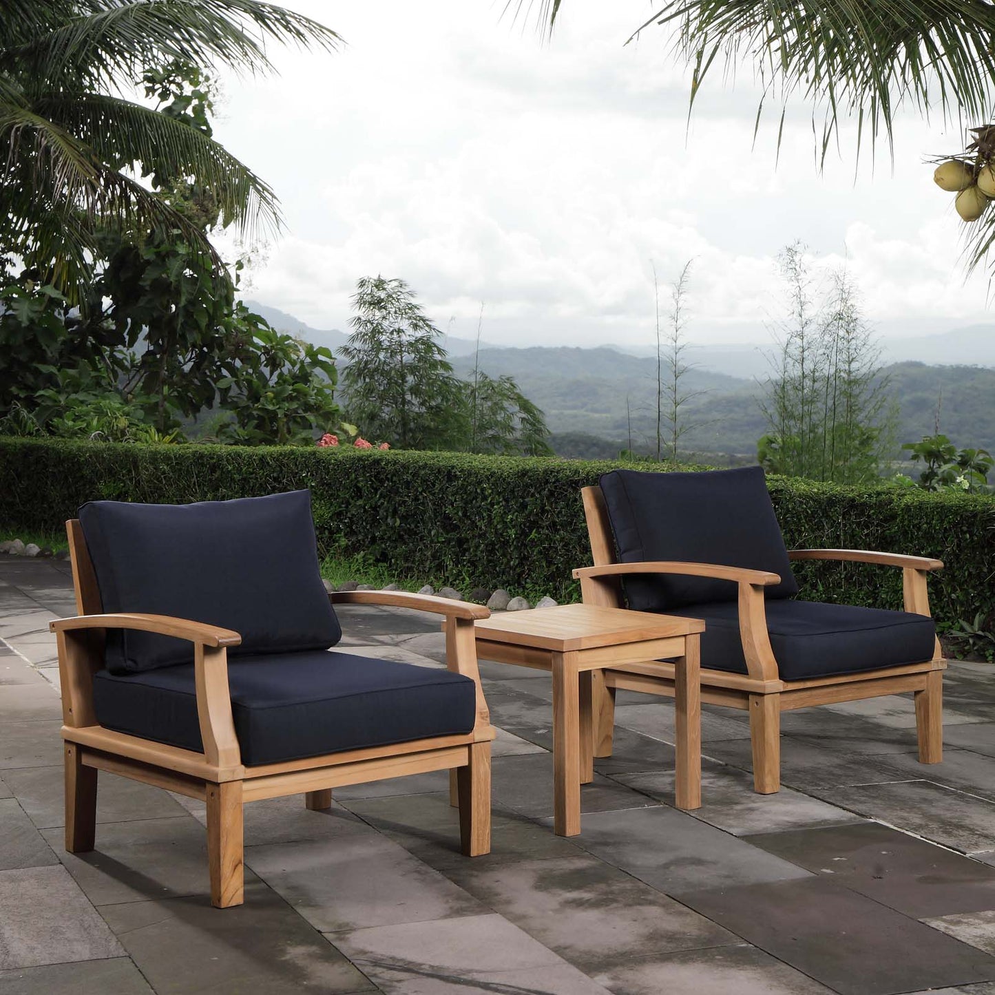 Marina 3 Piece Outdoor Patio Teak Set Natural Navy EEI-1487-NAT-NAV-SET