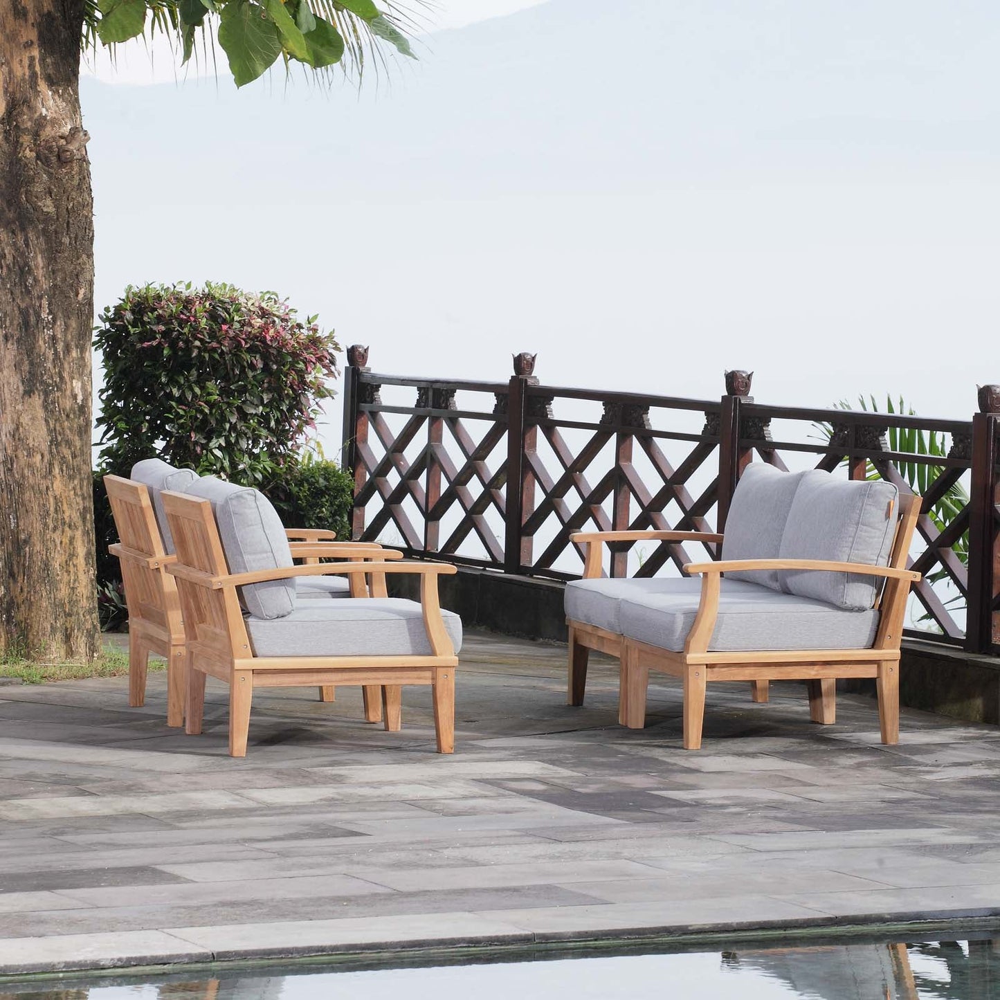 Marina 4 Piece Outdoor Patio Teak Set by Modway EEI-1818-NAT-GRY-SET