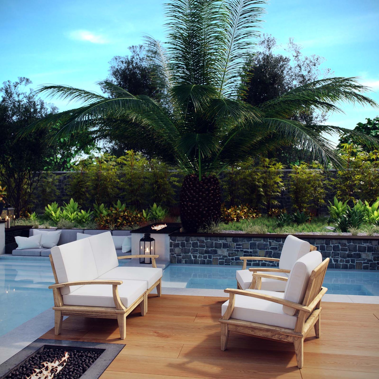 Marina 4 Piece Outdoor Patio Teak Set by Modway EEI-1818-NAT-WHI-SET