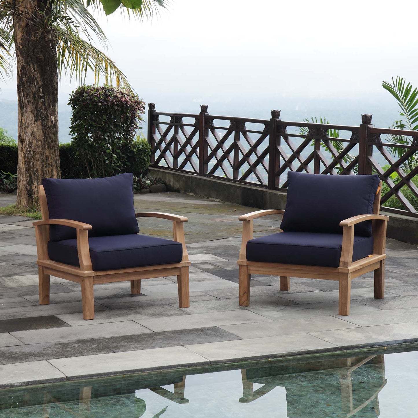 Marina 2 Piece Outdoor Patio Teak Set Natural Navy EEI-1819-NAT-NAV-SET