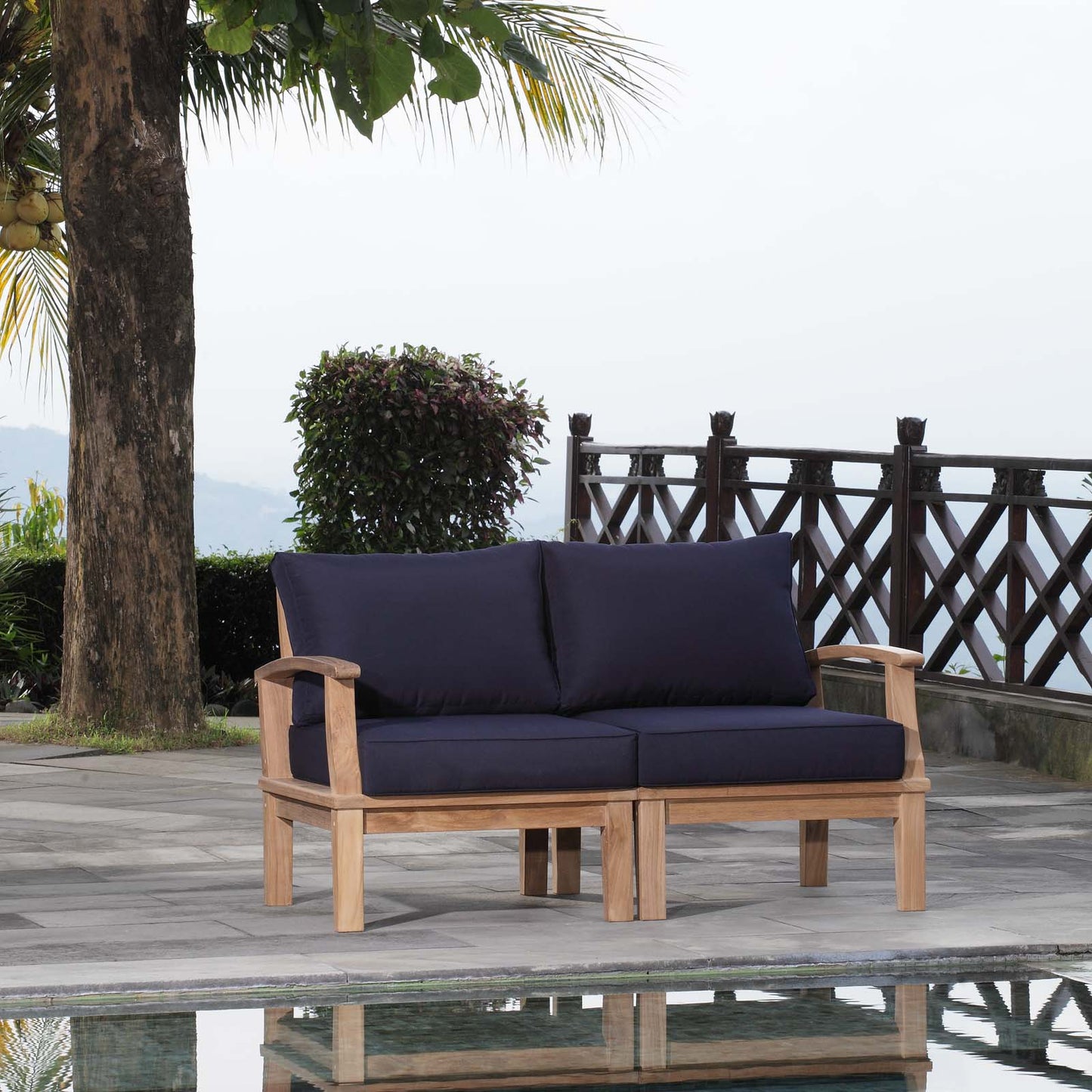 Marina 2 Piece Outdoor Patio Teak Set Natural Navy EEI-1822-NAT-NAV-SET