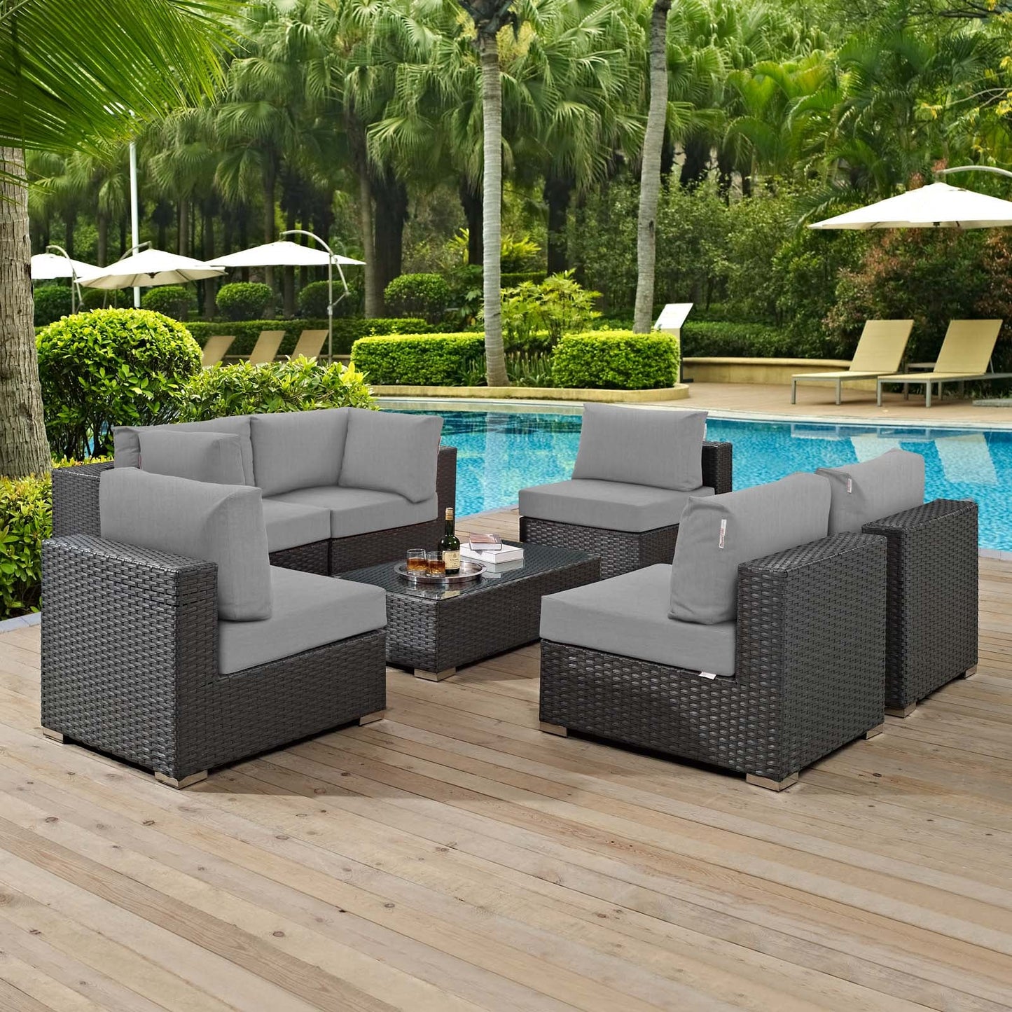 Sojourn 7 Piece Outdoor Patio Sunbrella® Sectional Set Canvas Gray EEI-1883-CHC-GRY-SET