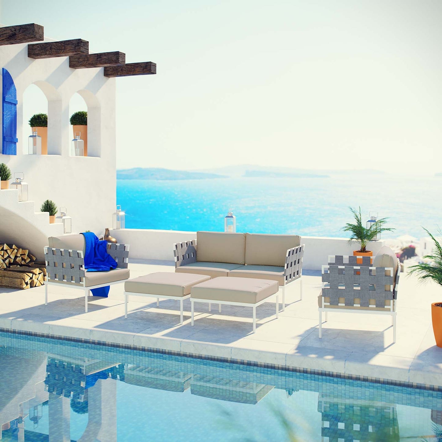 Harmony 5 Piece Outdoor Patio Aluminum Sectional Sofa Set White Beige EEI-2621-WHI-BEI-SET