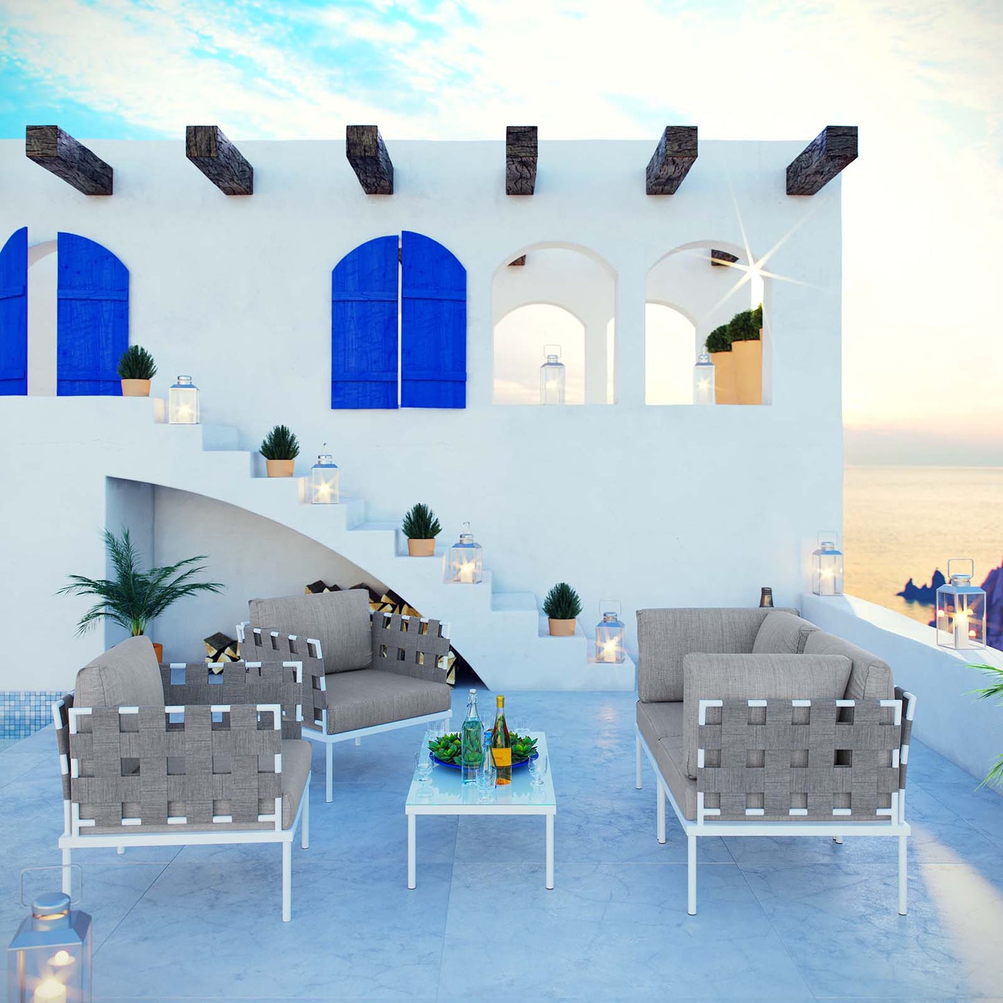 Harmony 5 Piece Outdoor Patio Aluminum Sectional Sofa Set White Gray EEI-2623-WHI-GRY-SET