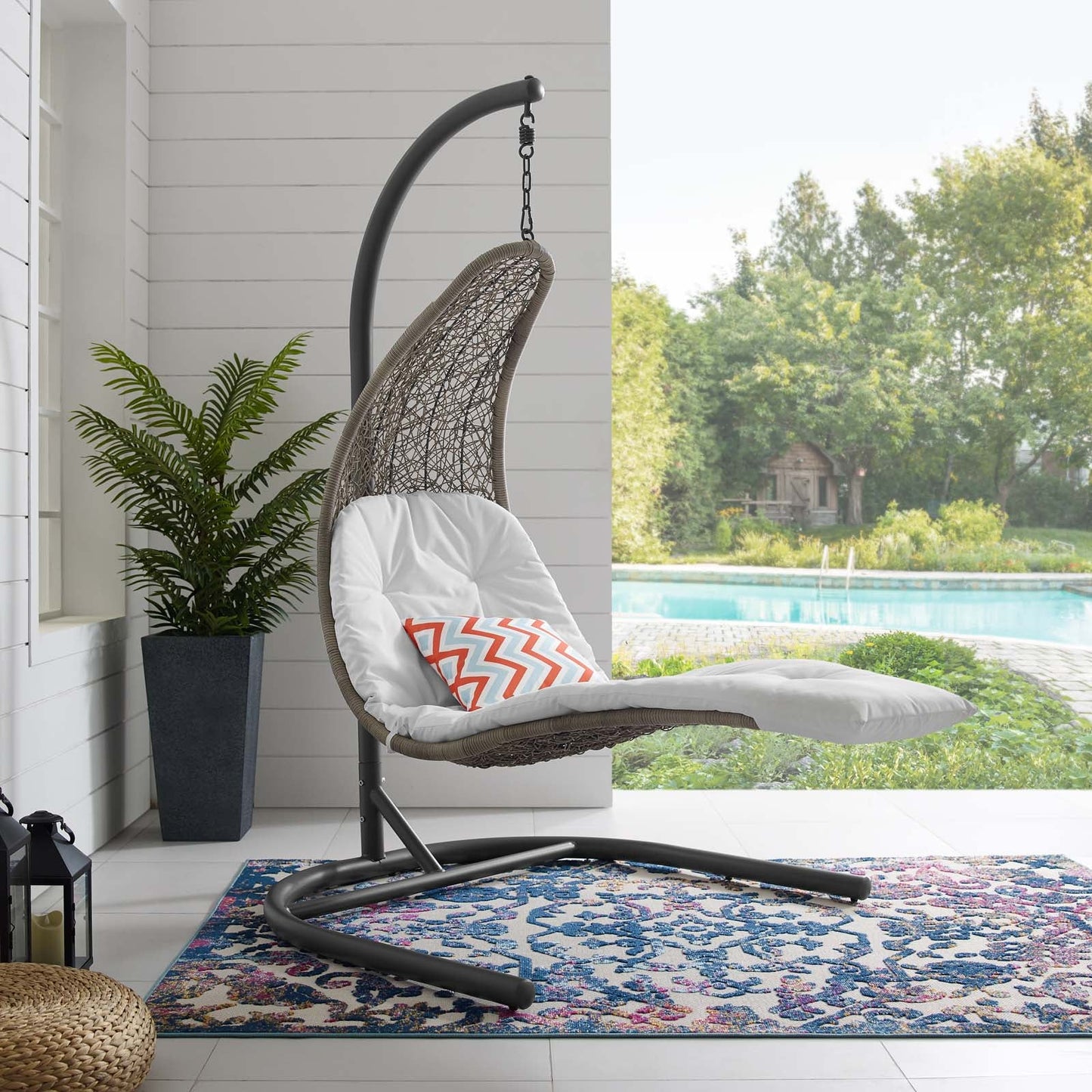 Landscape Hanging Chaise Lounge Outdoor Patio Swing Chair Light Gray White EEI-2952-LGR-WHI
