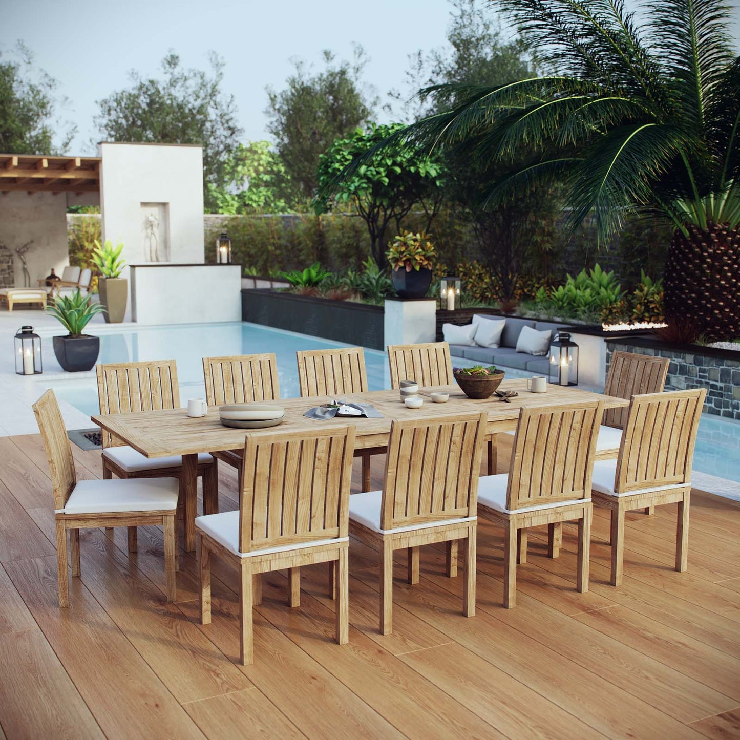 Marina 11 Piece Outdoor Patio Teak Dining Set by Modway EEI-3282-NAT-WHI-SET