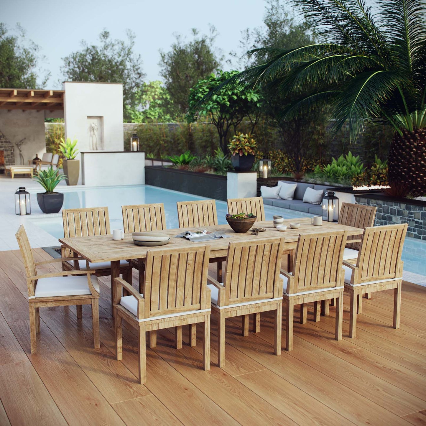 Marina 11 Piece Outdoor Patio Teak Dining Set by Modway EEI-3283-NAT-WHI-SET