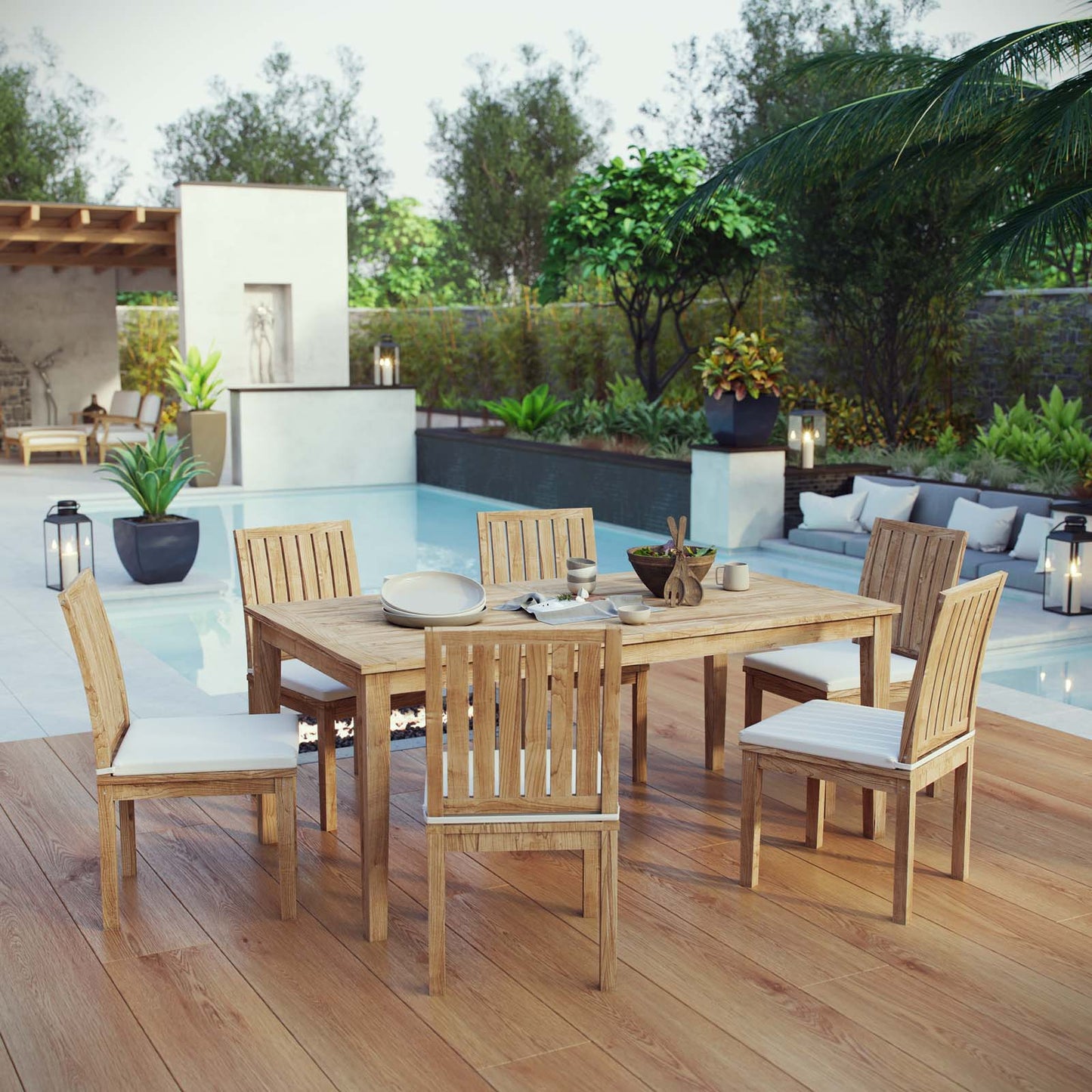 Marina 7 Piece Outdoor Patio Teak Dining Set by Modway EEI-3294-NAT-WHI-SET
