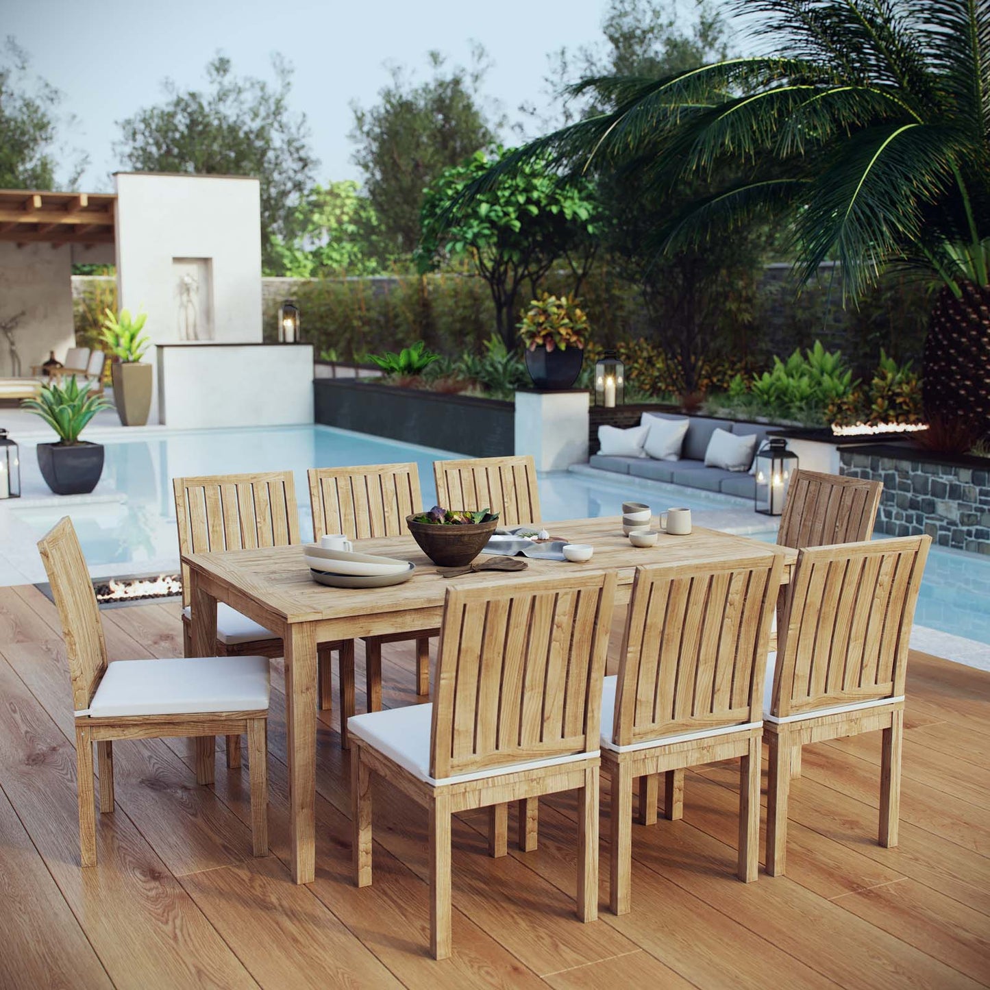 Marina 9 Piece Outdoor Patio Teak Dining Set by Modway EEI-3315-NAT-WHI-SET