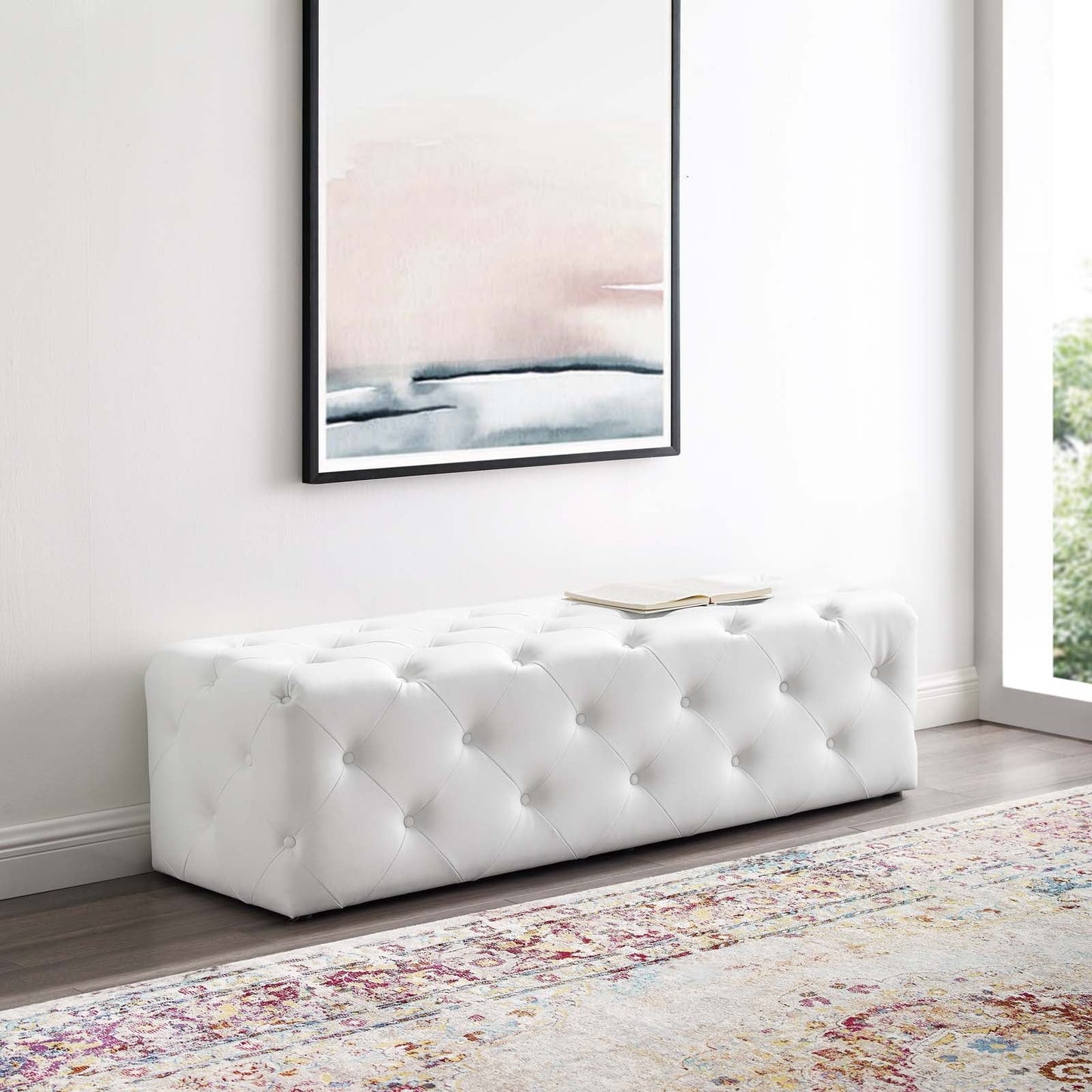 Amour 60" Tufted Button Entryway Faux Leather Bench White EEI-3769-WHI