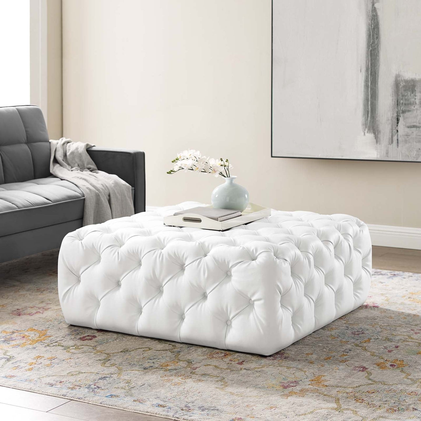 Amour Tufted Button Large Square Faux Leather Ottoman White EEI-3773-WHI