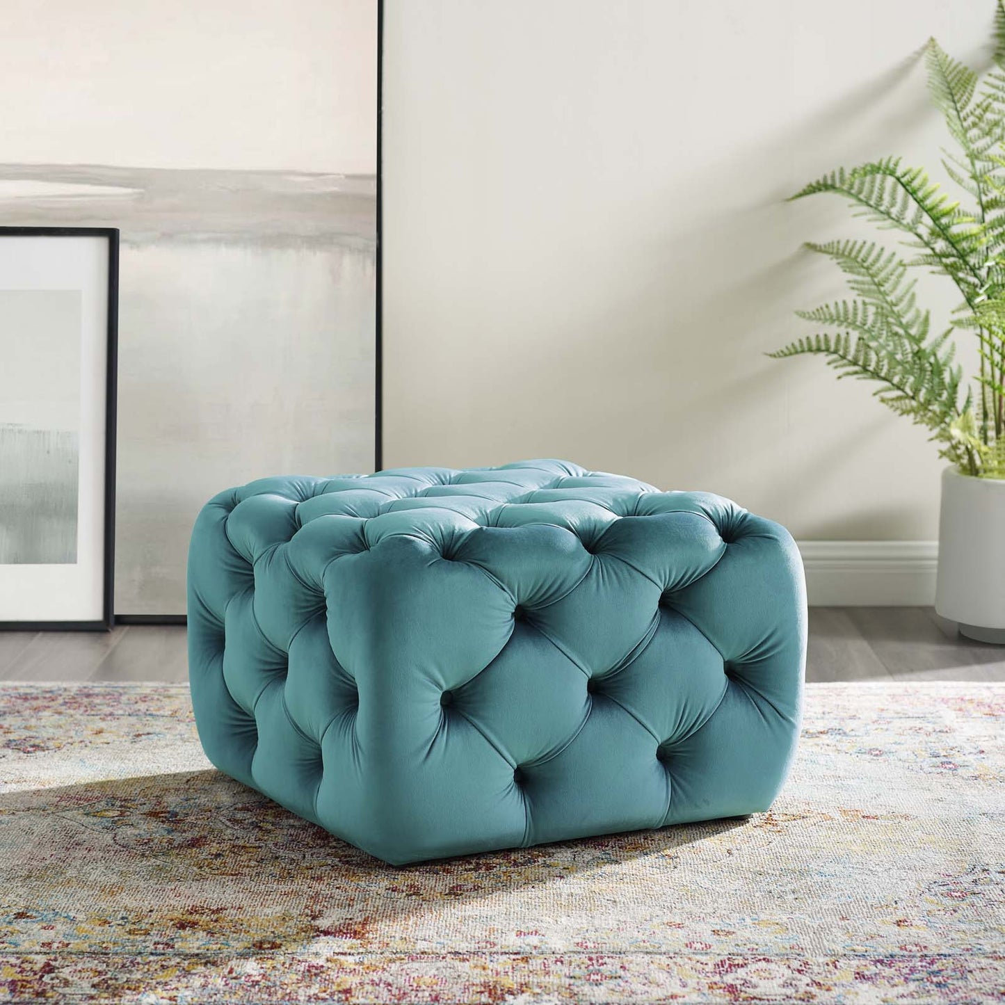 Amour Tufted Button Square Performance Velvet Ottoman Sea Blue EEI-3776-SEA