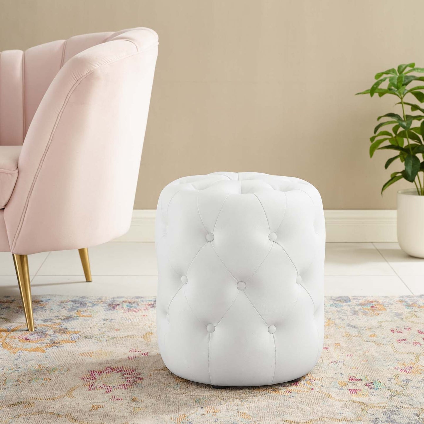 Amour Tufted Button Round Faux Leather Ottoman White EEI-3777-WHI