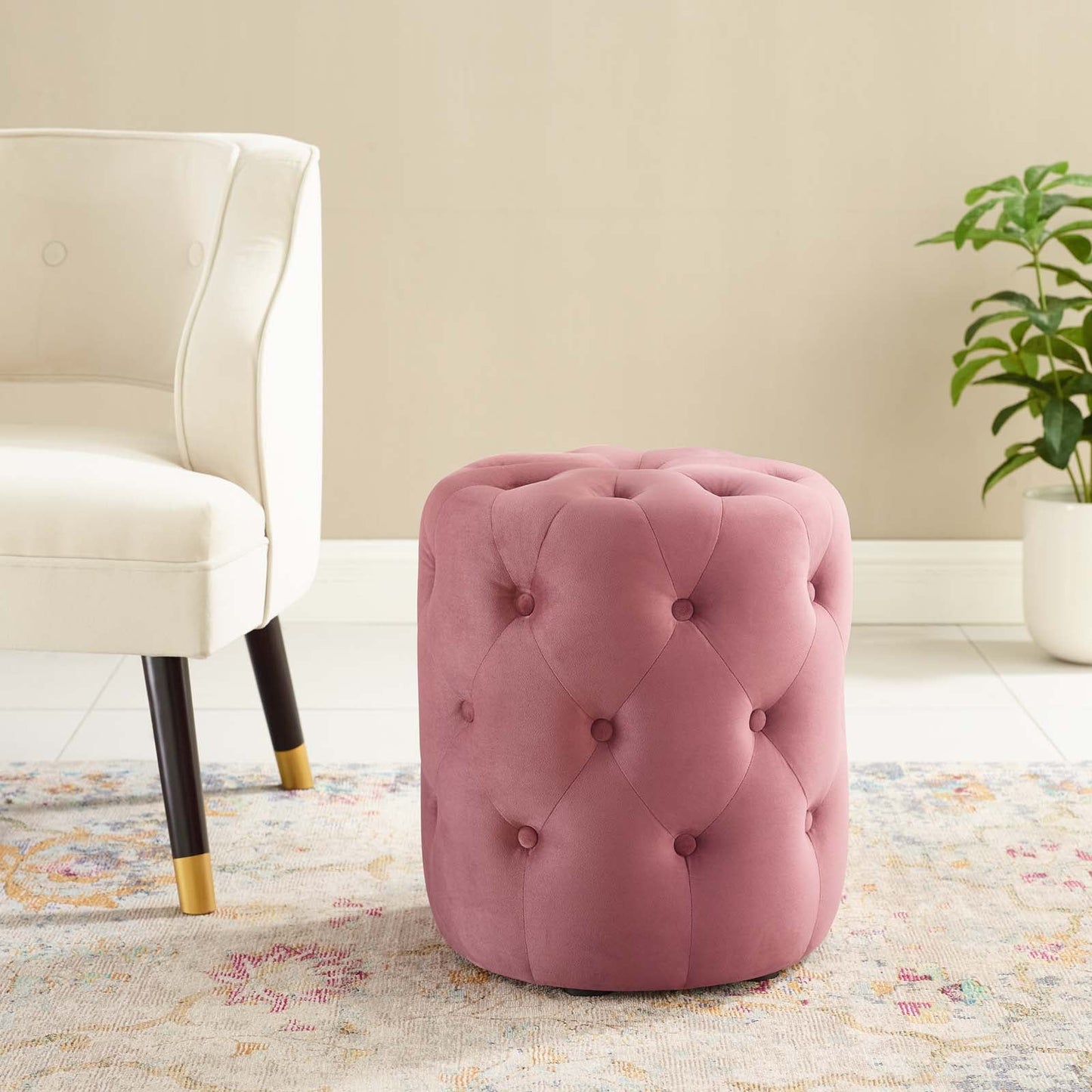 Amour Tufted Button Round Performance Velvet Ottoman Dusty Rose EEI-3778-DUS