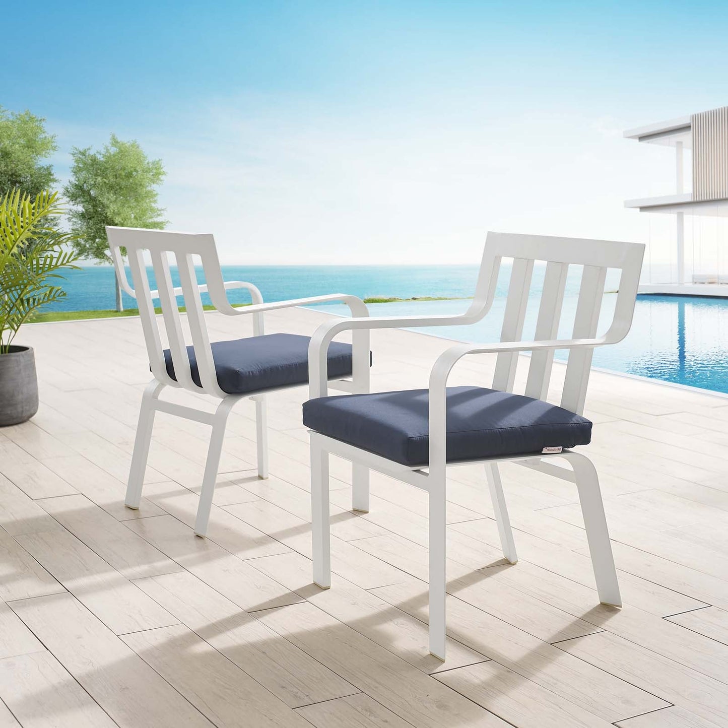 Baxley Outdoor Patio Aluminum Armchair Set of 2 White Navy EEI-3961-WHI-NAV