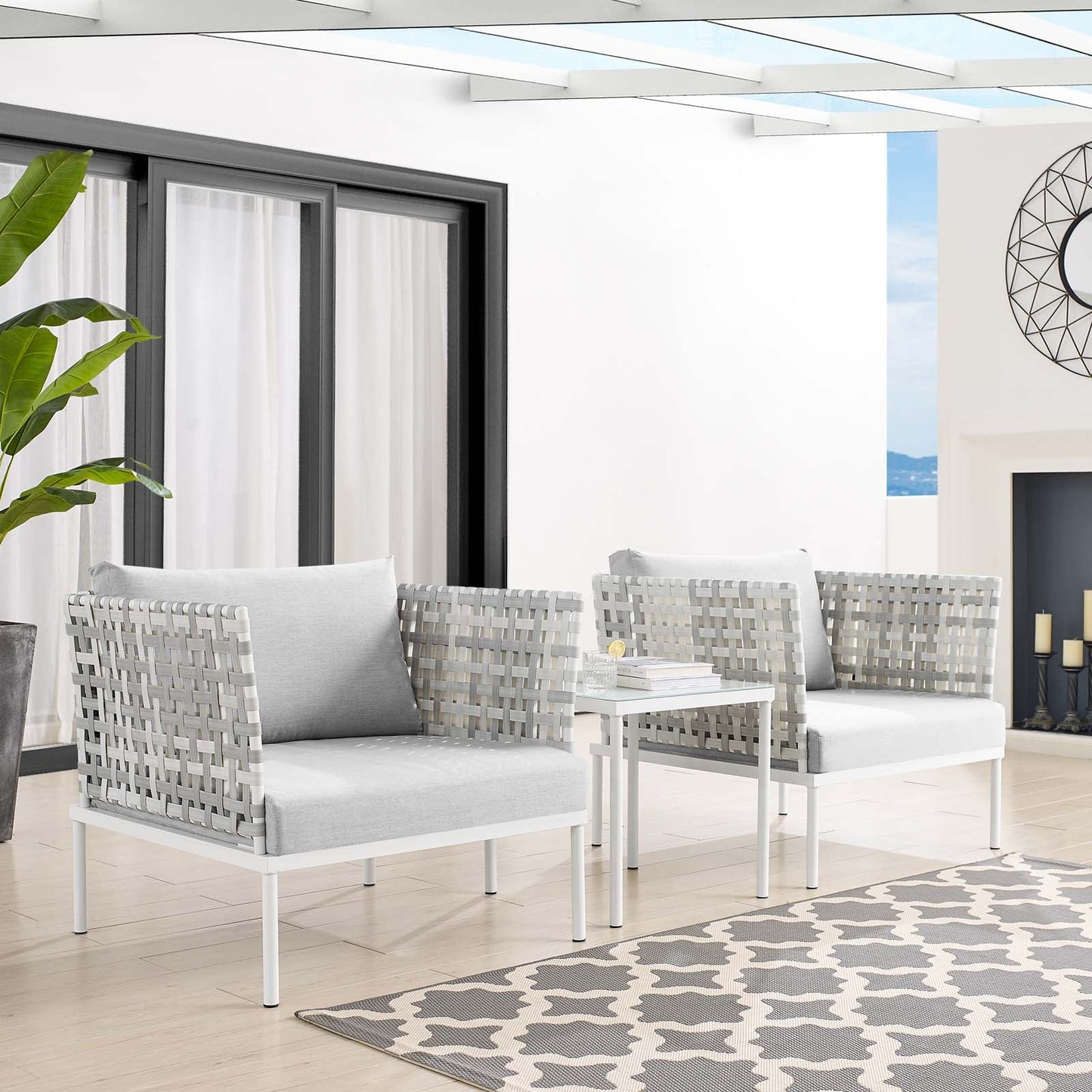 Harmony 3-Piece Sunbrella® Basket Weave Outdoor Patio Aluminum Seating Set Taupe Gray EEI-4684-TAU-GRY-SET