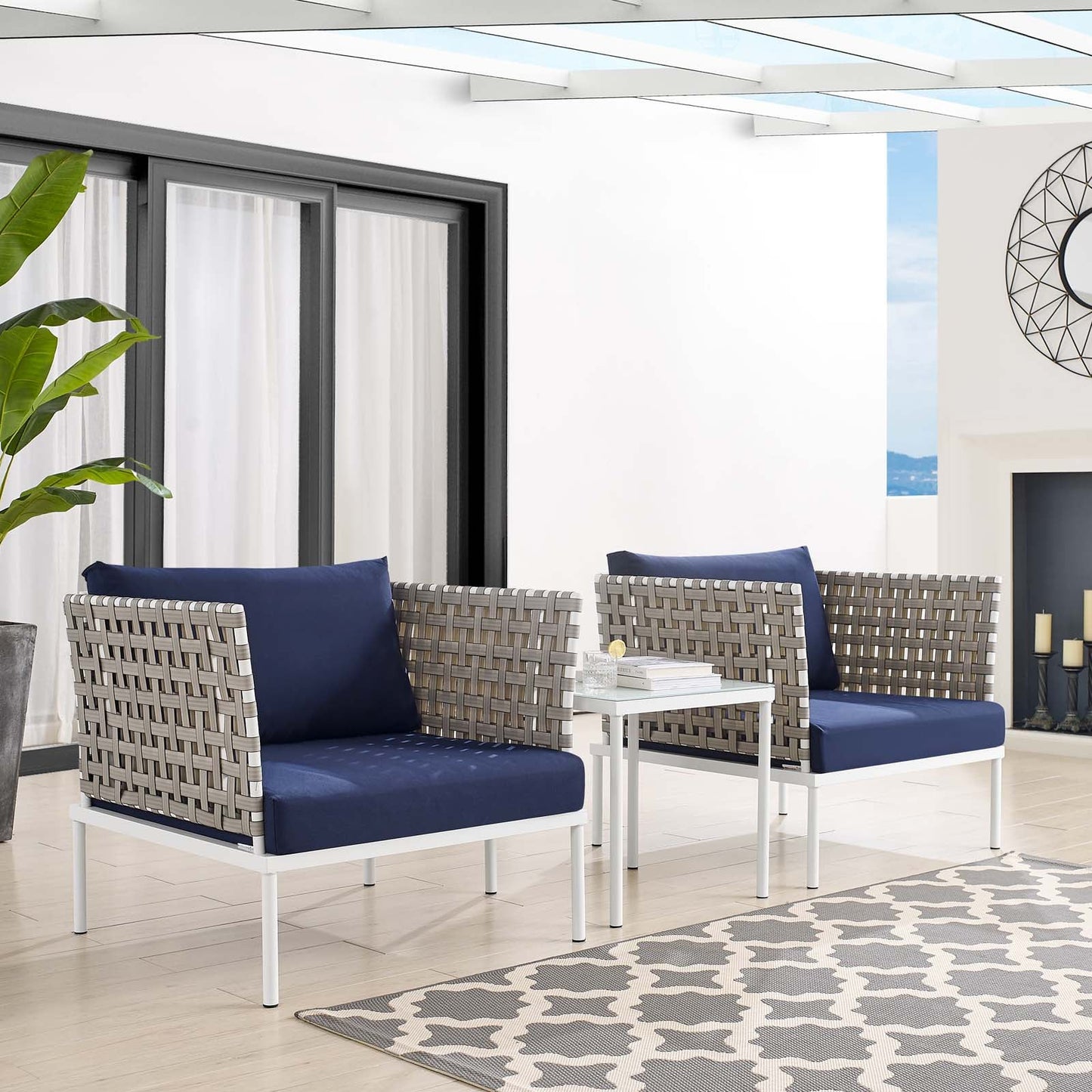 Harmony 3-Piece Sunbrella® Basket Weave Outdoor Patio Aluminum Seating Set Tan Navy EEI-4685-TAN-NAV-SET