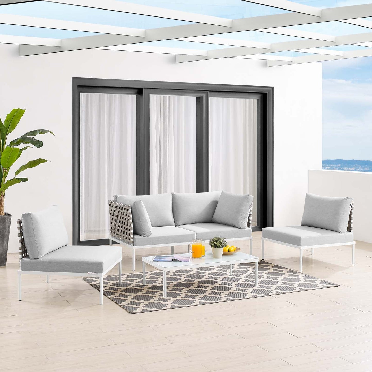 Harmony 4-Piece Sunbrella® Basket Weave Outdoor Patio Aluminum Seating Set Tan Gray EEI-4689-TAN-GRY-SET