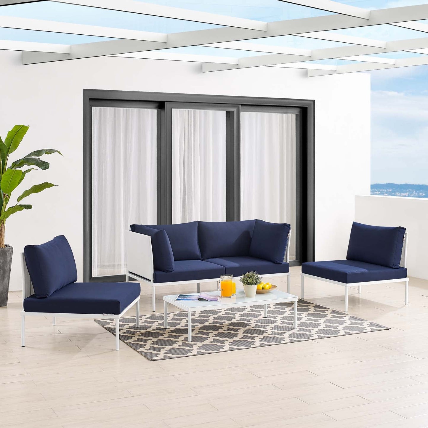 Harmony 4-Piece Sunbrella® Outdoor Patio Aluminum Seating Set White Navy EEI-4690-WHI-NAV-SET