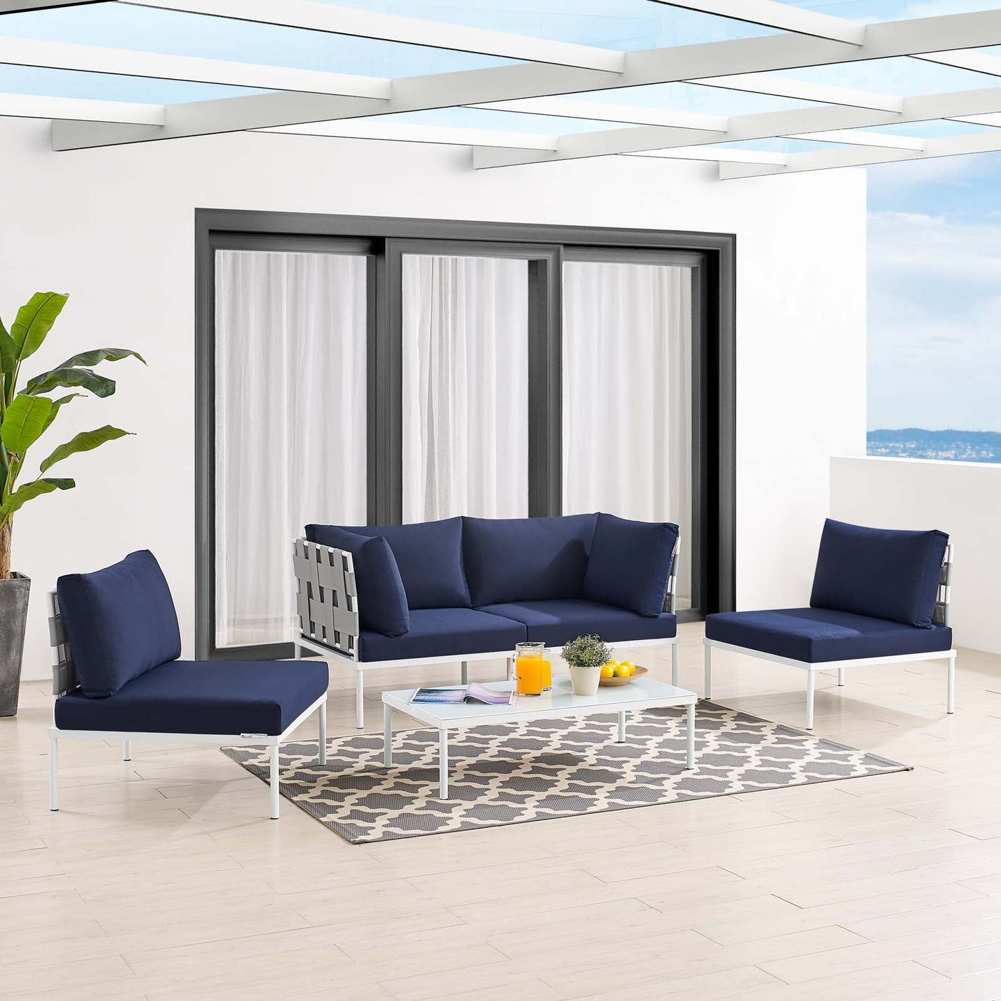 Harmony 4-Piece Sunbrella® Outdoor Patio Aluminum Seating Set Gray Navy EEI-4691-GRY-NAV-SET
