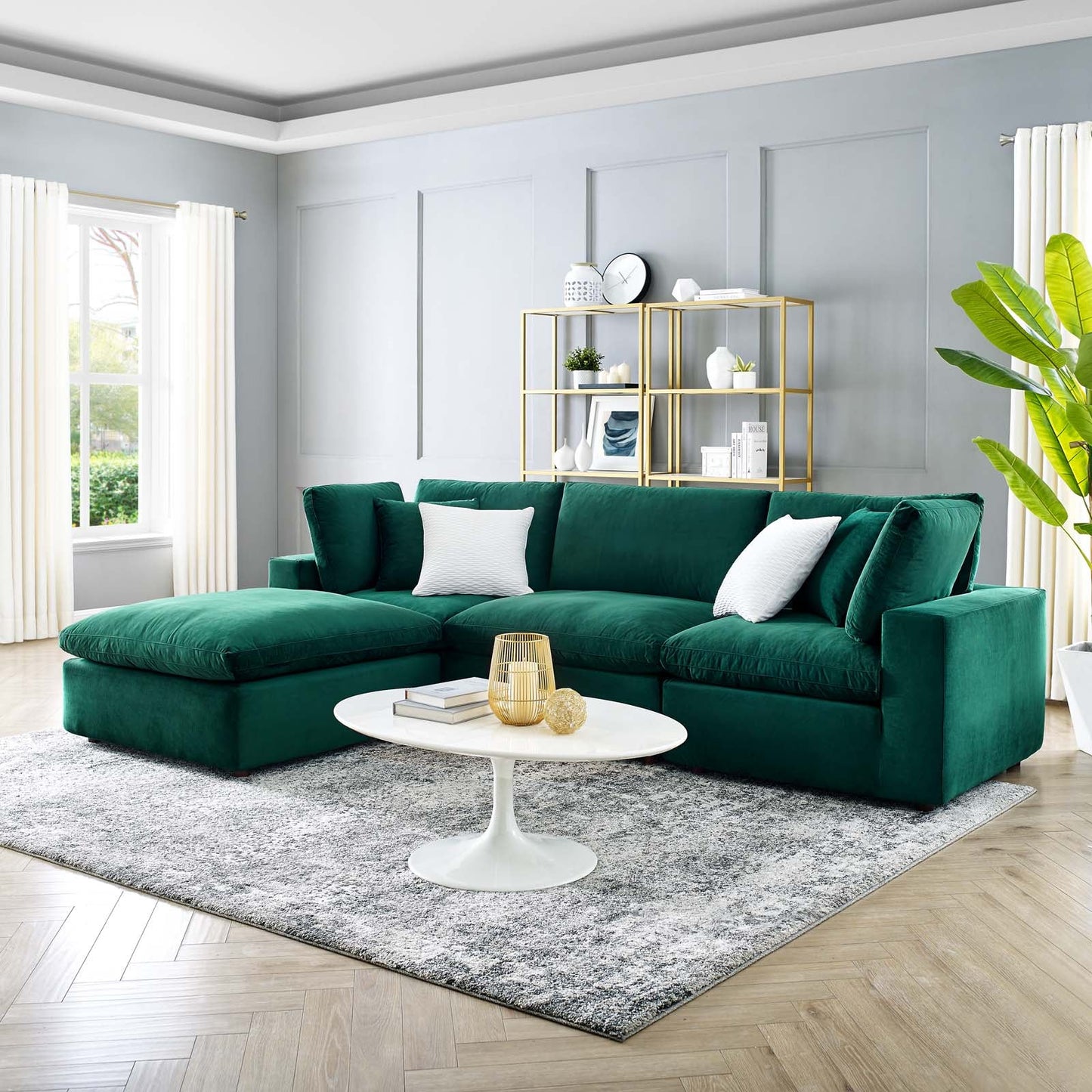 Commix Down Filled Overstuffed Performance Velvet 4-Piece Sectional Sofa Green EEI-4818-GRN