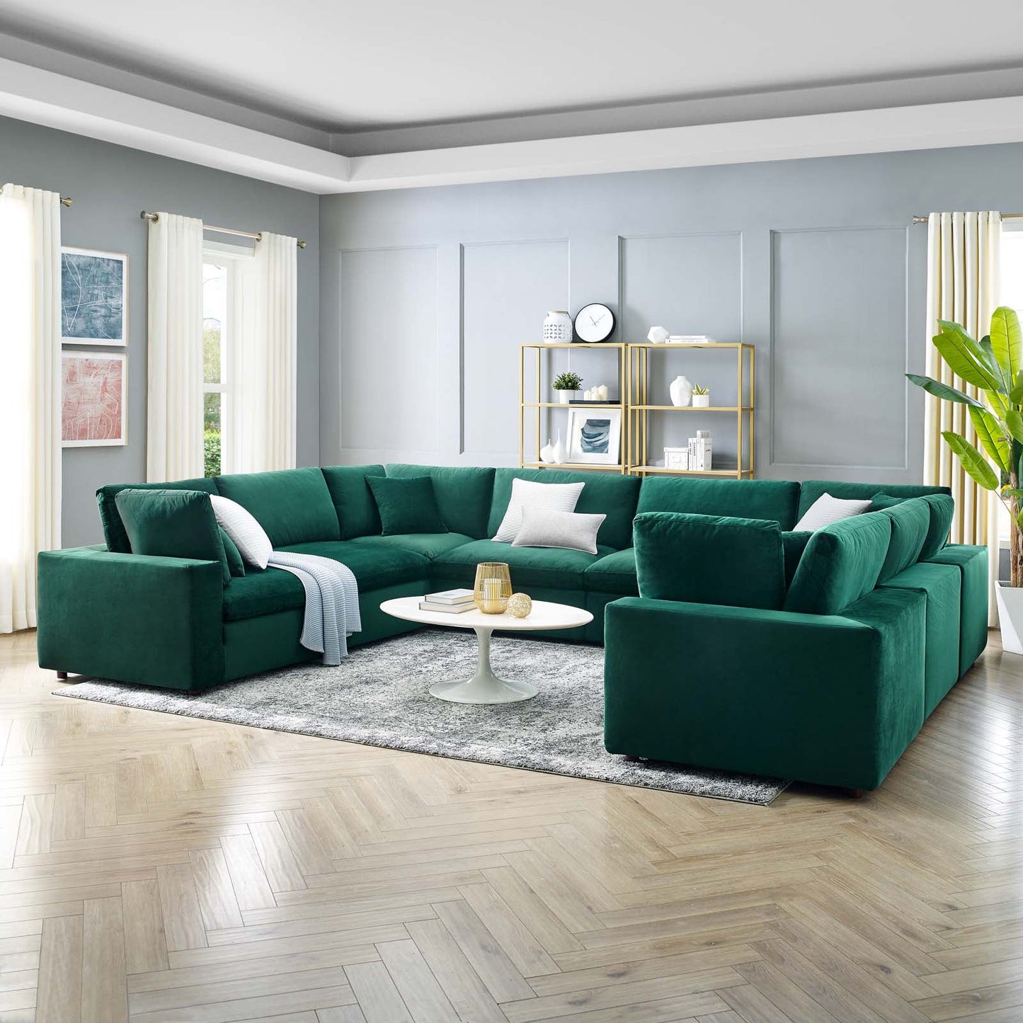 Commix Down Filled Overstuffed Performance Velvet 8-Piece Sectional Sofa Green EEI-4826-GRN
