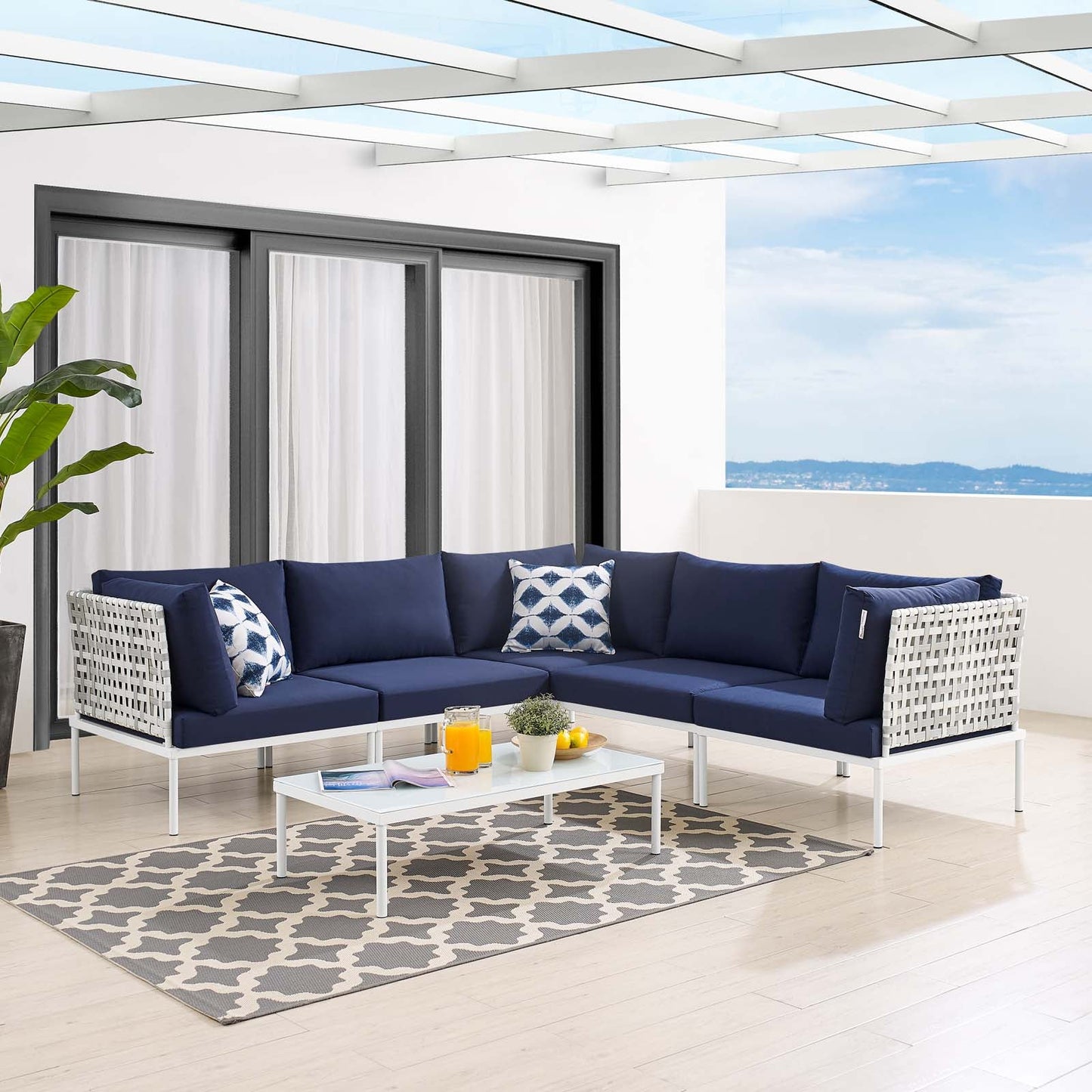 Harmony 6-Piece Sunbrella® Basket Weave Outdoor Patio Aluminum Sectional Sofa Set Taupe Navy EEI-4926-TAU-NAV-SET