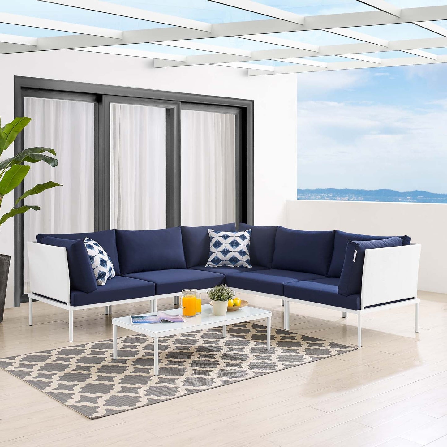 Harmony 6-Piece Sunbrella® Outdoor Patio Aluminum Sectional Sofa Set White Navy EEI-4928-WHI-NAV-SET