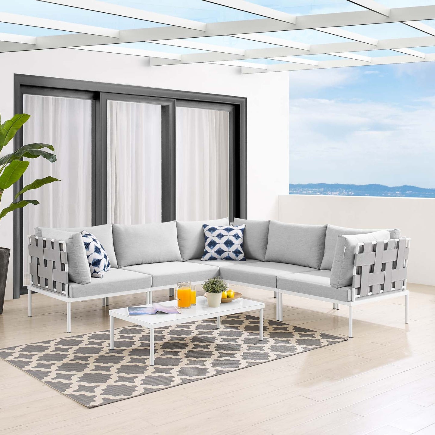 Harmony 6-Piece Sunbrella® Outdoor Patio Aluminum Sectional Sofa Set Gray Gray EEI-4929-GRY-GRY-SET