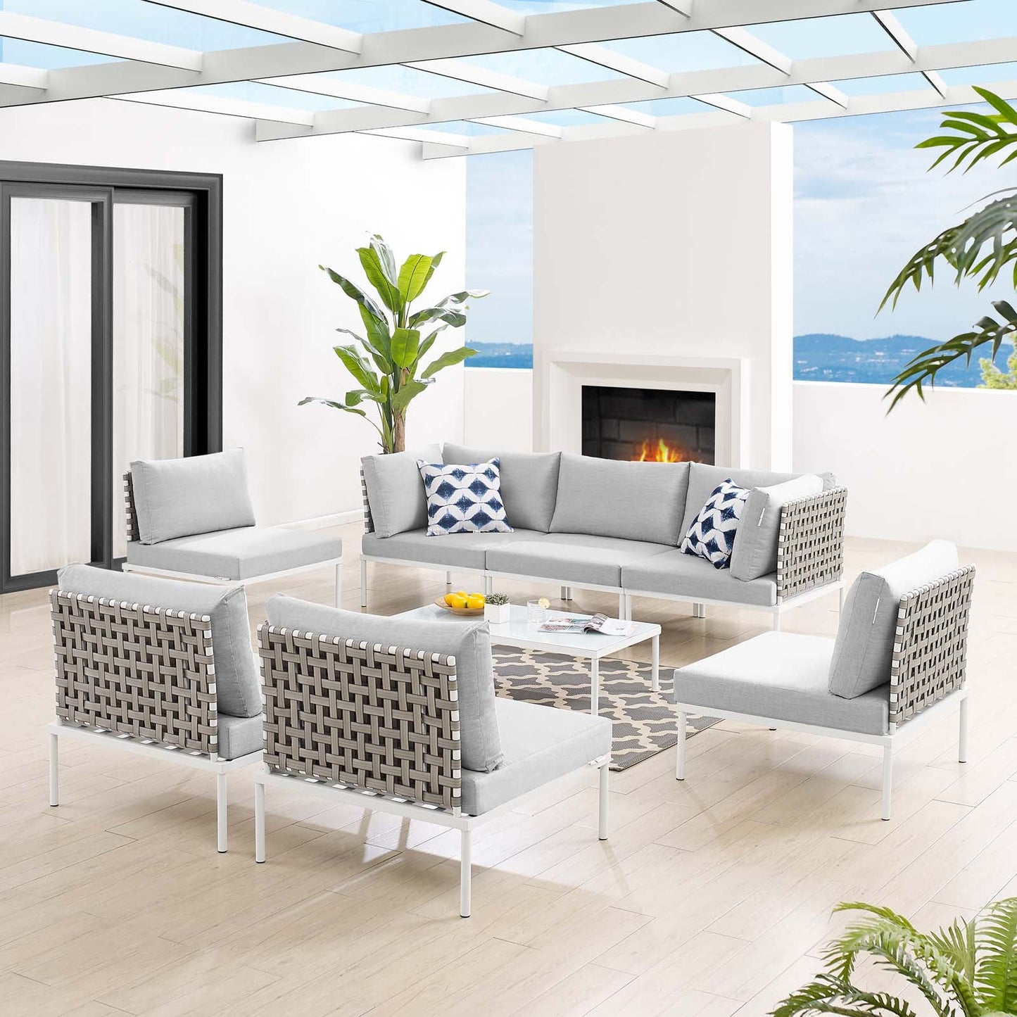 Harmony 8-Piece Sunbrella® Basket Weave Outdoor Patio Aluminum Sectional Sofa Set Tan Gray EEI-4939-TAN-GRY-SET