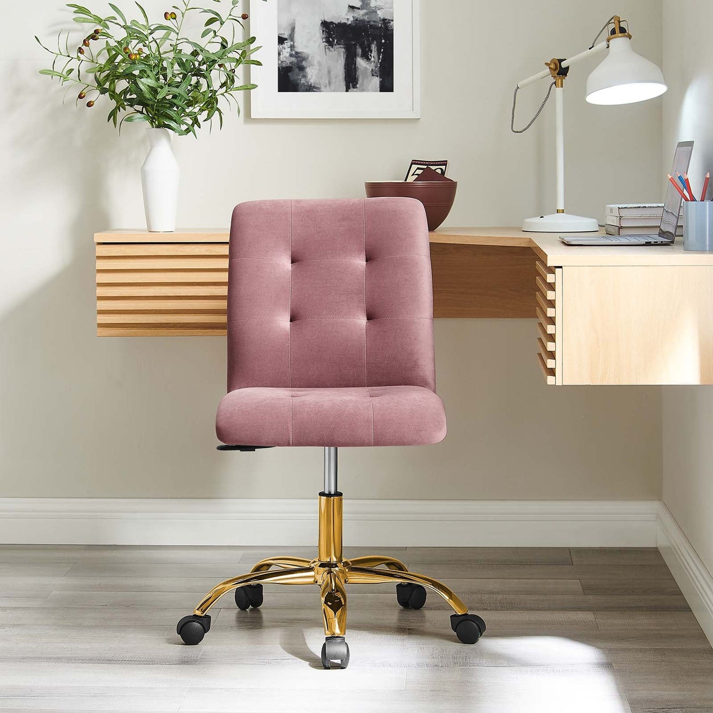 Prim Armless Performance Velvet Office Chair Gold Dusty Rose EEI-4973-GLD-DUS