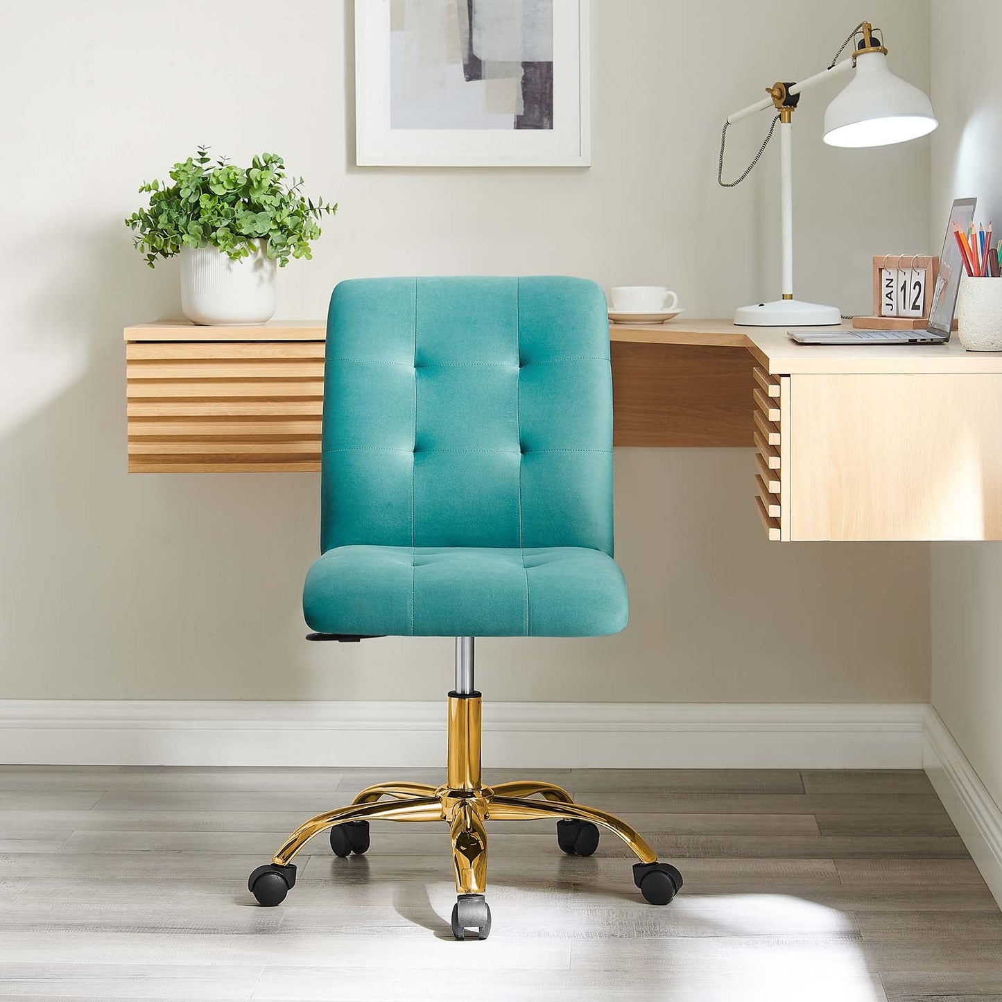 Prim Armless Performance Velvet Office Chair Gold Teal EEI-4973-GLD-TEA