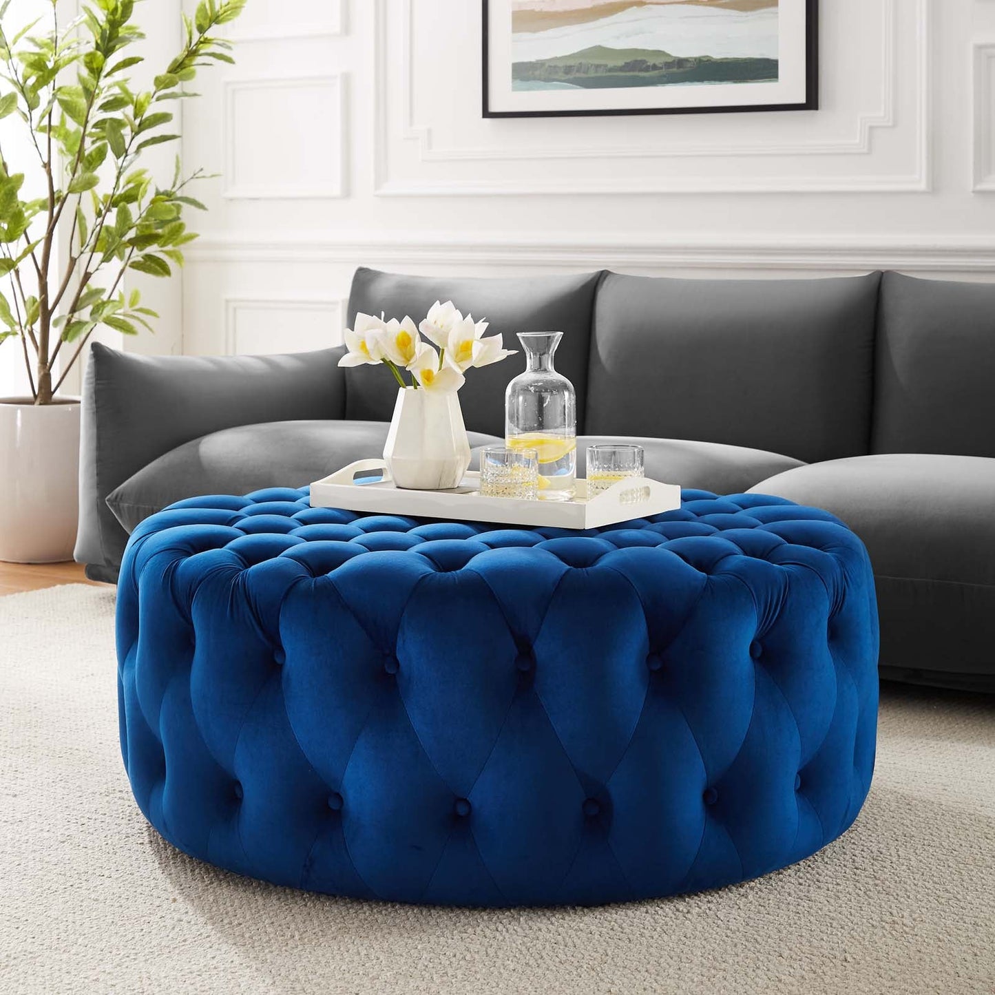 Amour Tufted Button Large Round Performance Velvet Ottoman Navy EEI-5469-NAV