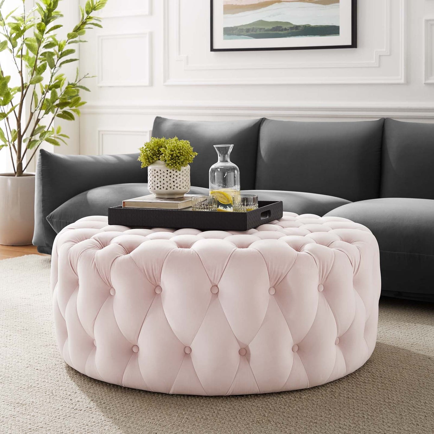 Amour Tufted Button Large Round Performance Velvet Ottoman Pink EEI-5469-PNK