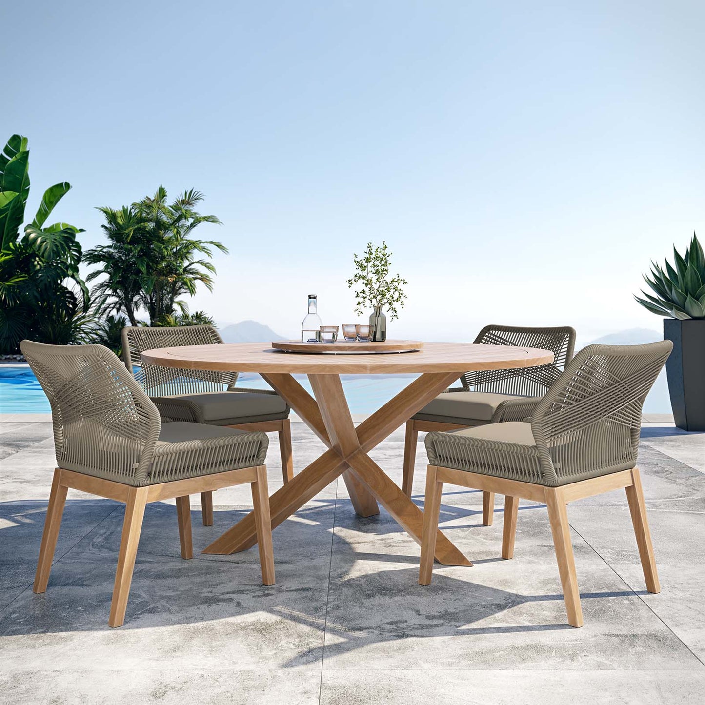 Wellspring 5-Piece Outdoor Patio Teak Wood Dining Set Light Gray Greige EEI-6118-LGR-GRG