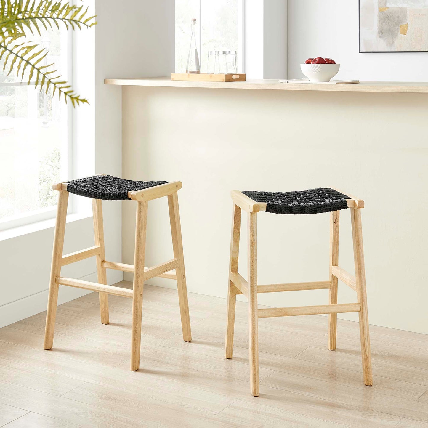Saoirse Woven Rope Wood Bar Stool Set of 2 by Modway EEI-6550-NAT-BLK