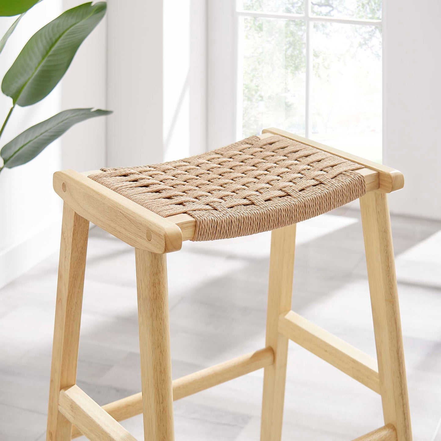 Saoirse Woven Rope Wood Bar Stool Set of 2 by Modway EEI-6550-NAT-NAT