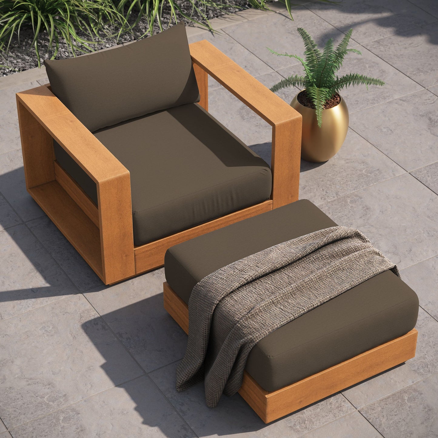 Tahoe 2-Piece Outdoor Patio Acacia Wood Armchair and Ottoman Set by Modway EEI-6800-NAT-COA