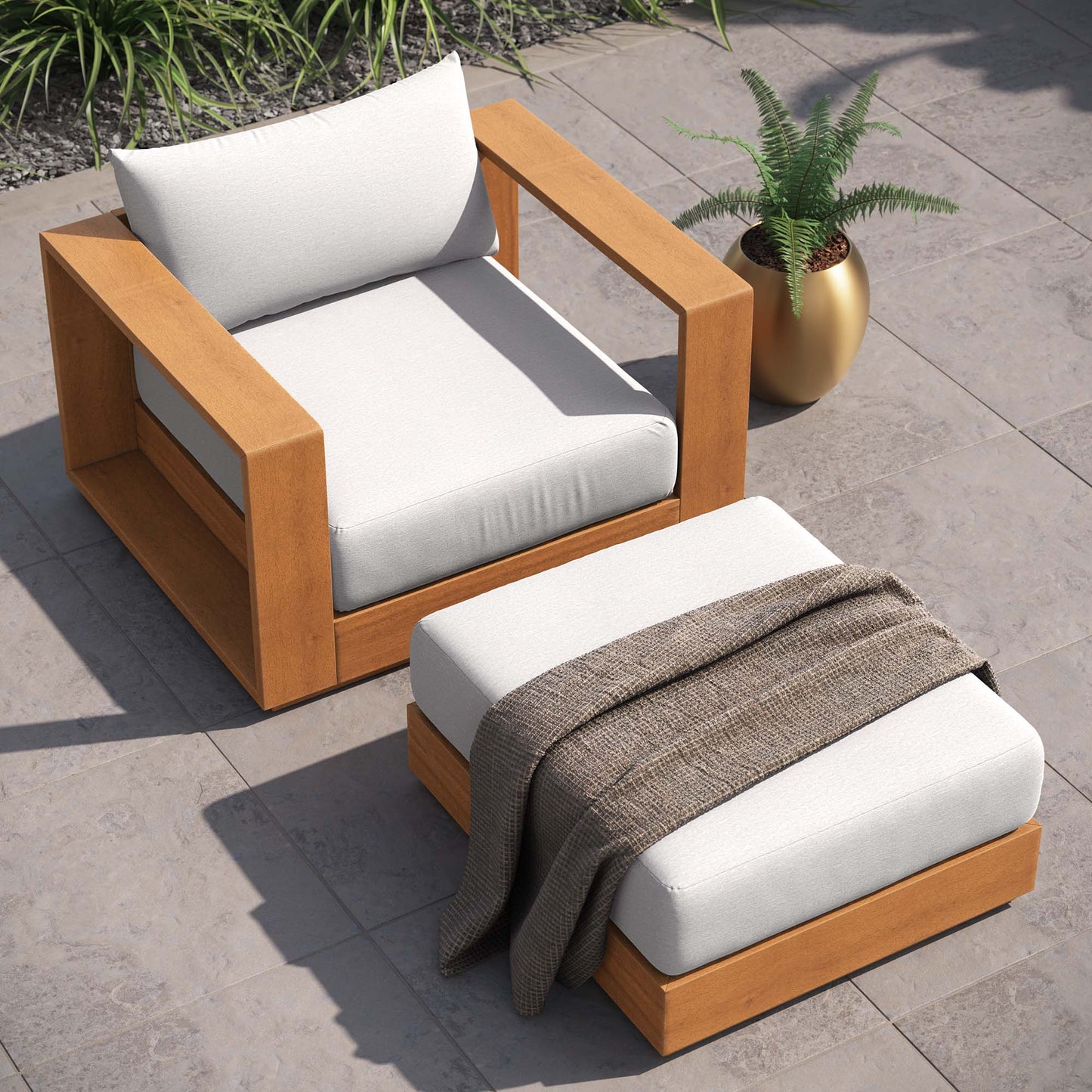 Tahoe 2-Piece Outdoor Patio Acacia Wood Armchair and Ottoman Set by Modway EEI-6800-NAT-LGR